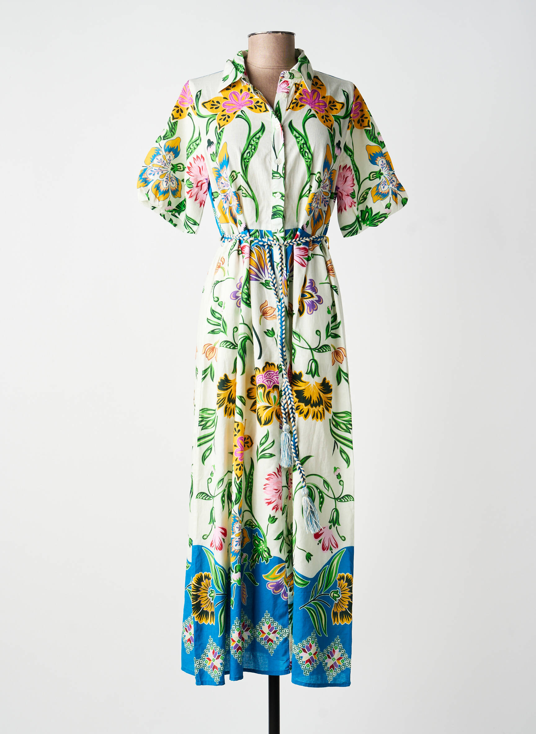 Robe longue imprimé fantaisie manches courtes bleu ANGE femme