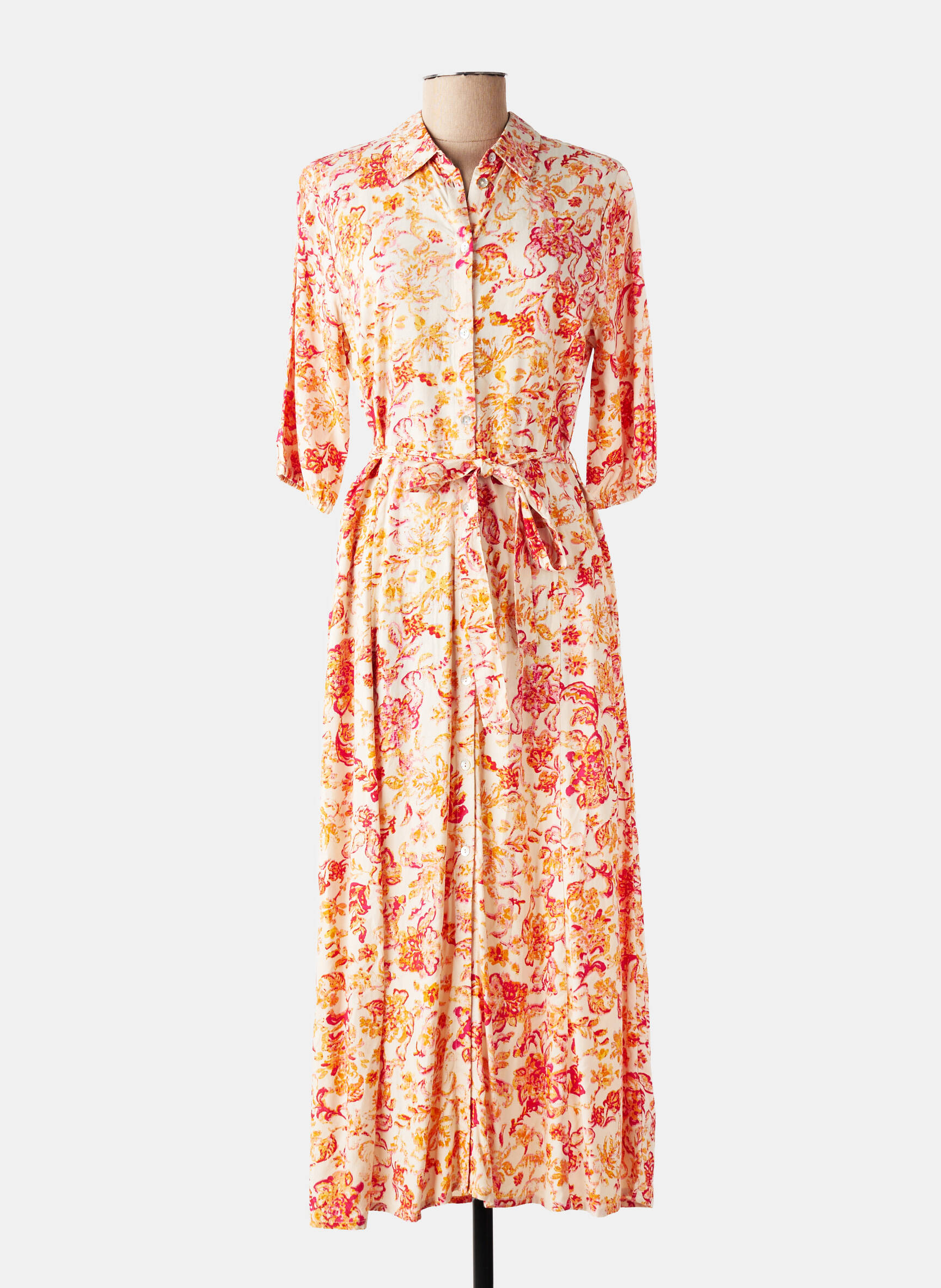 Robe longue imprimé fleurs manches 3/4 beige CREAM femme