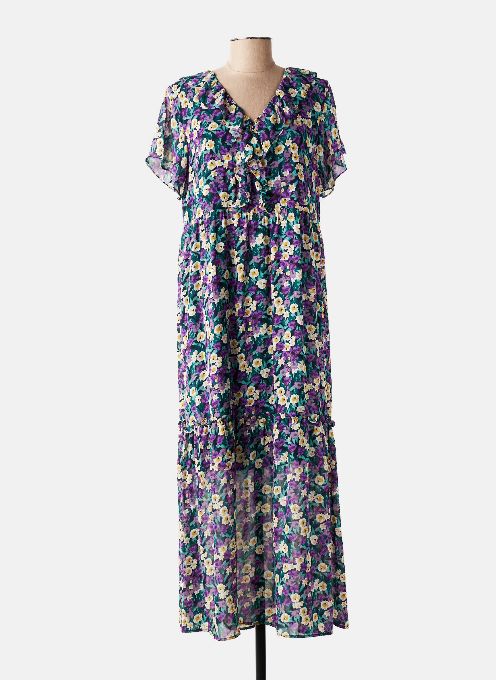 Robe longue imprimé fleurs manches courtes vert LILI & LALA femme