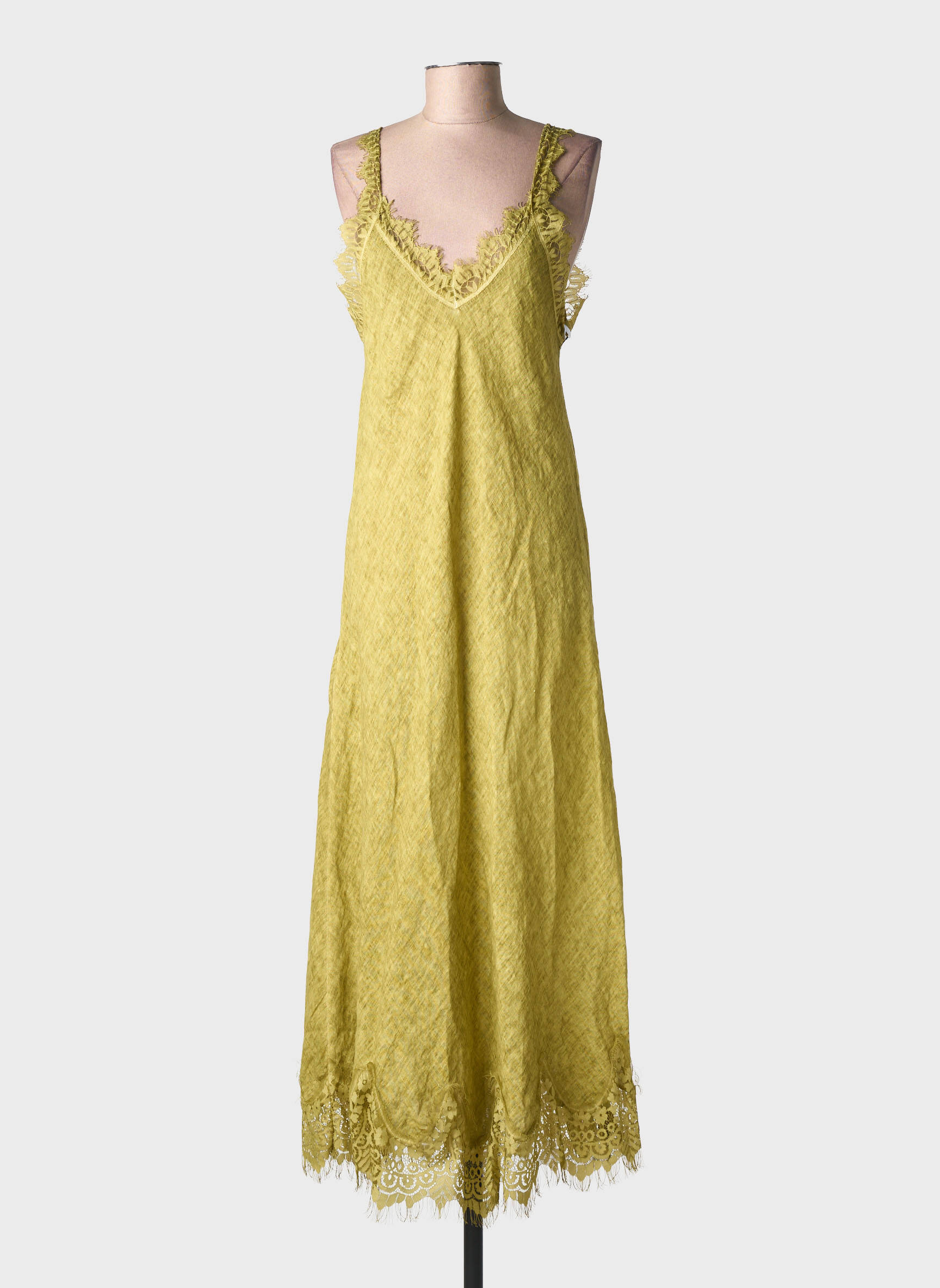 Robe longue tissage crêpe fines bretelles vert FARFALLA femme