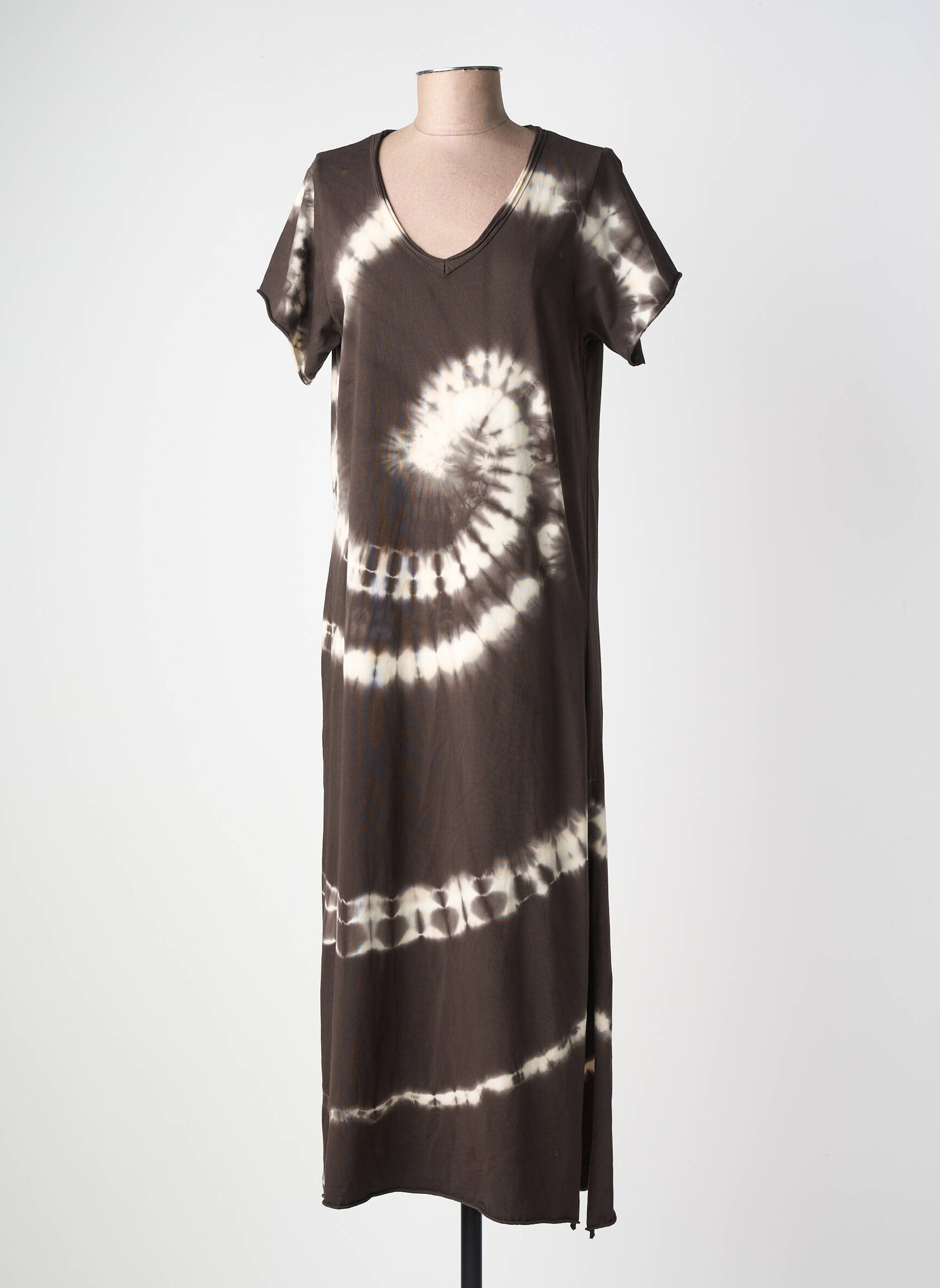 Robe longue manches courtes manches courtes marron FARFALLA femme