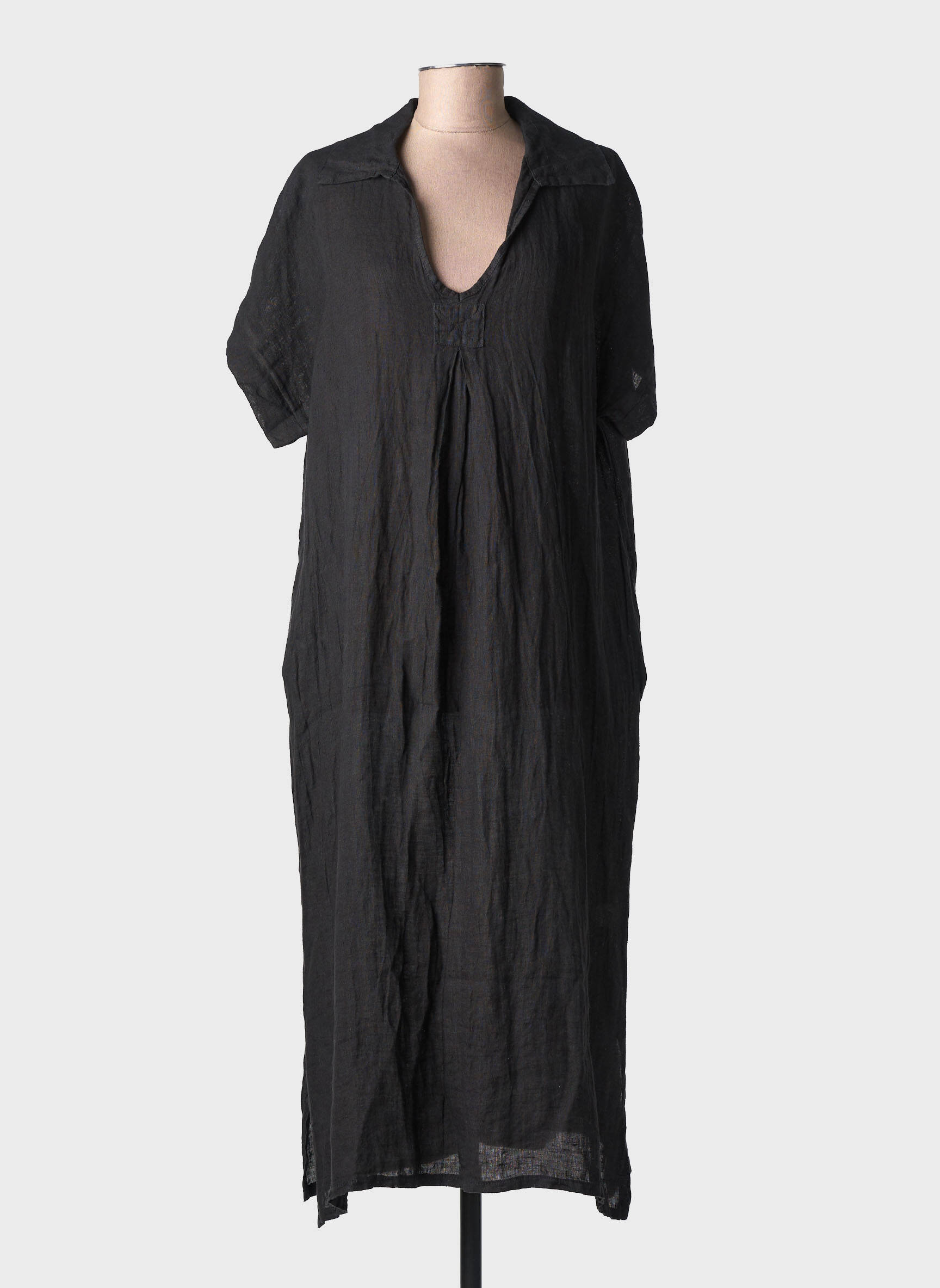Robe longue manches courtes manches courtes noir 100% LINO femme