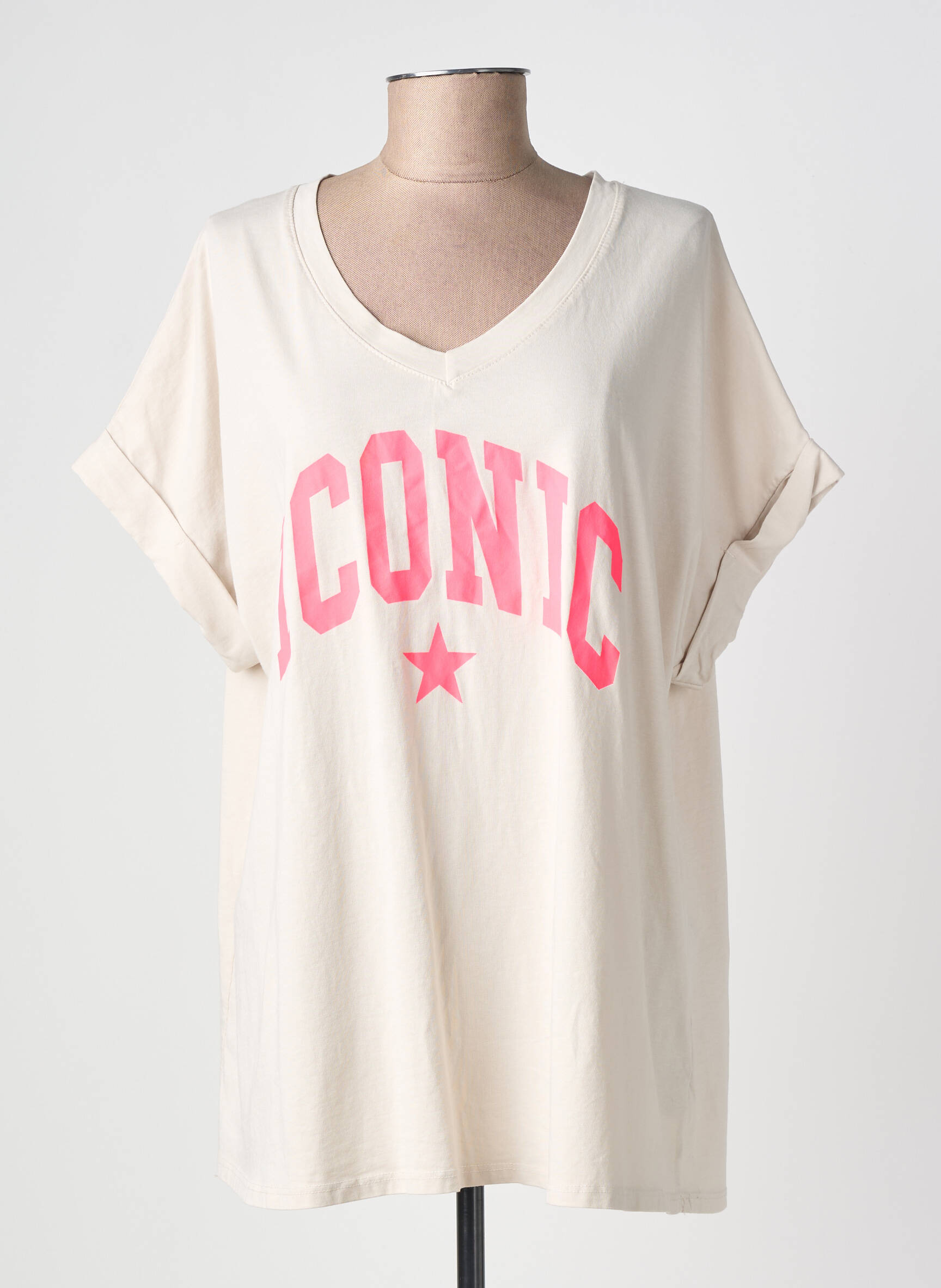 T-shirt col v manches courtes beige FARFALLA femme