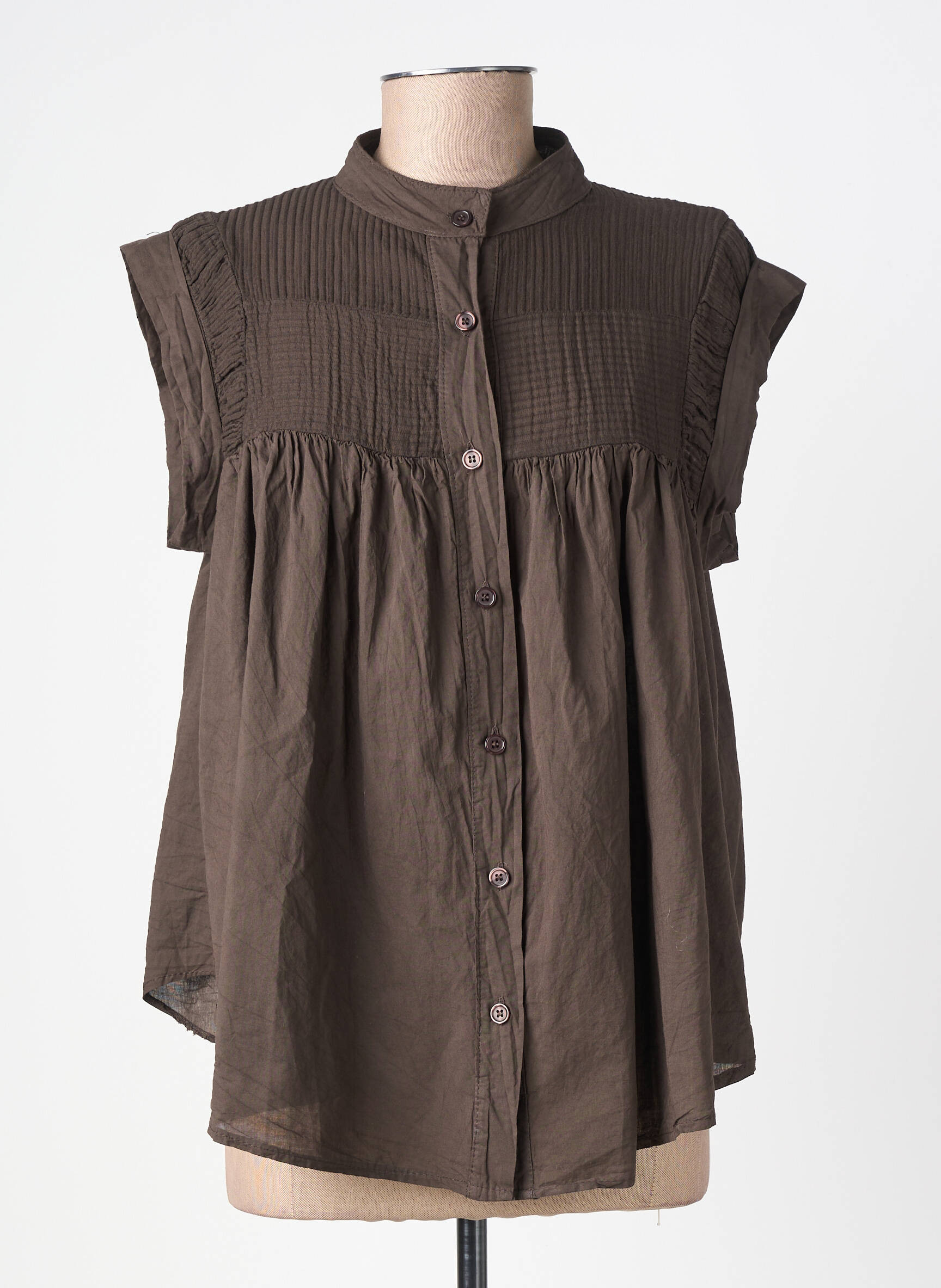 Blouse tissage popeline manches courtes marron ANDROMEDE femme