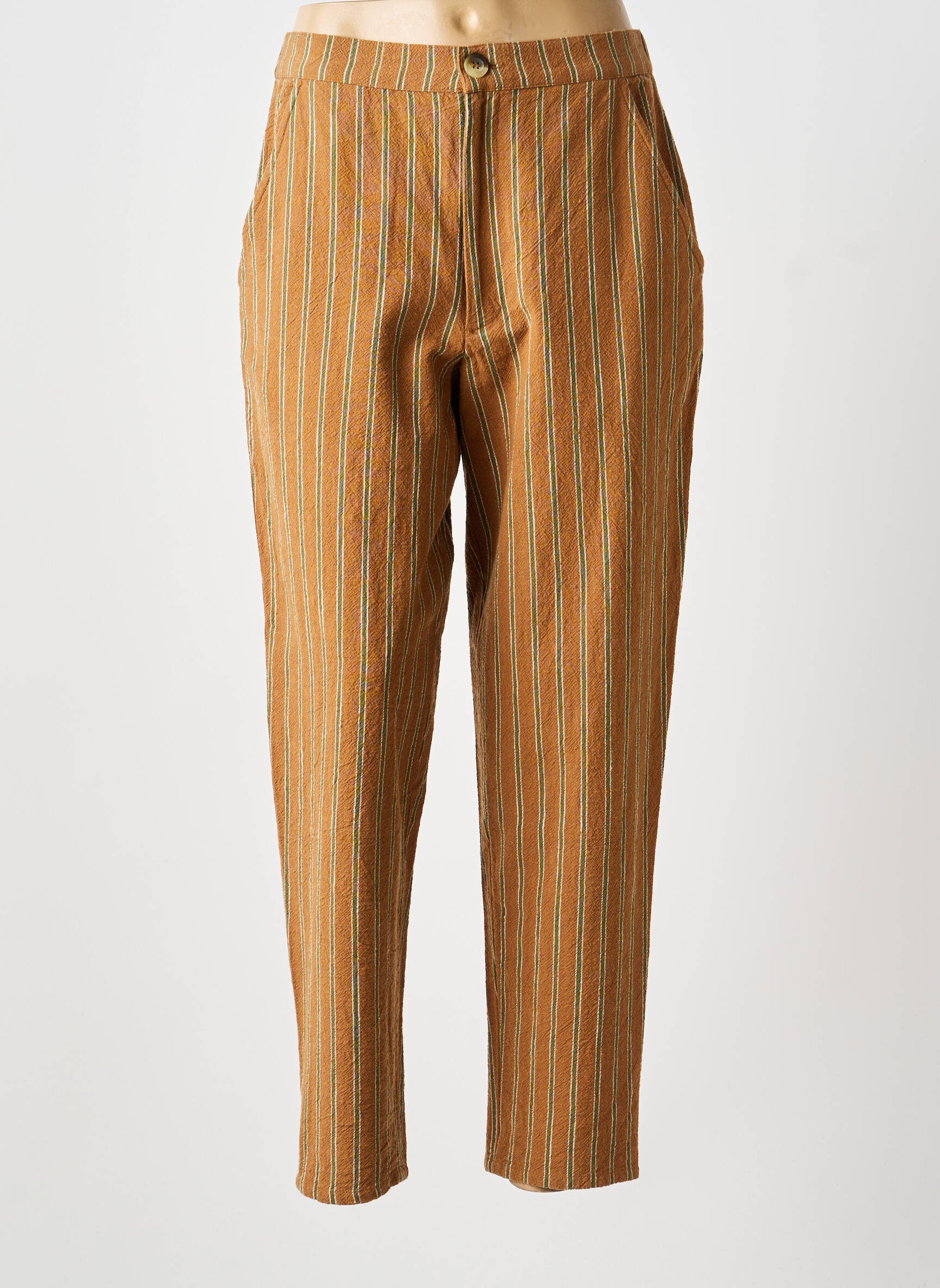 Pantalon droit fermeture zippée sous rabat avec crochet taille basse marron LEON & HARPER femme