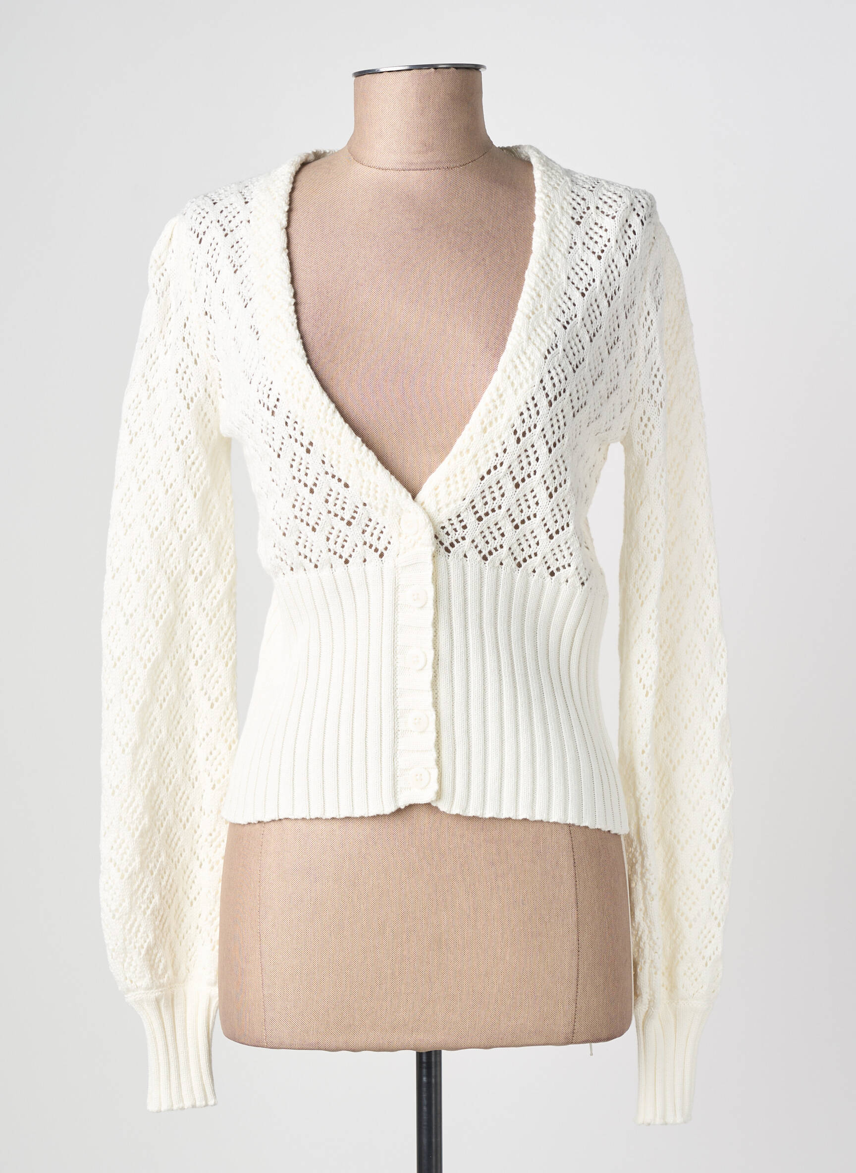 Gilet manches longues maille ajourée blanc ZILCH femme
