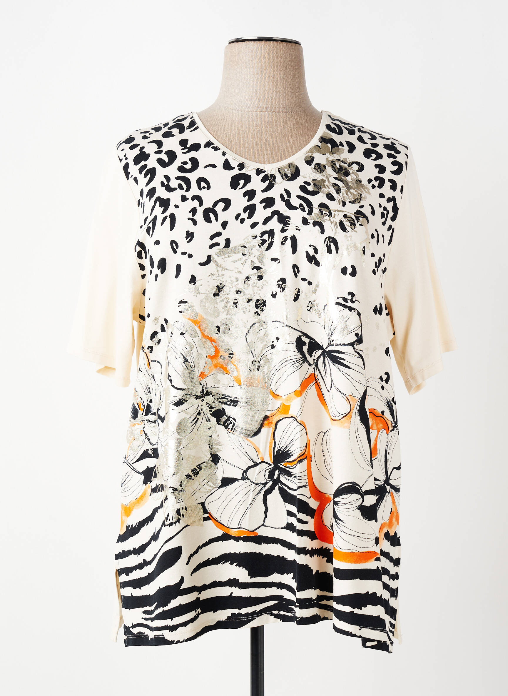 T-shirt imprimé fantaisie manches courtes beige LEAH CURVE femme