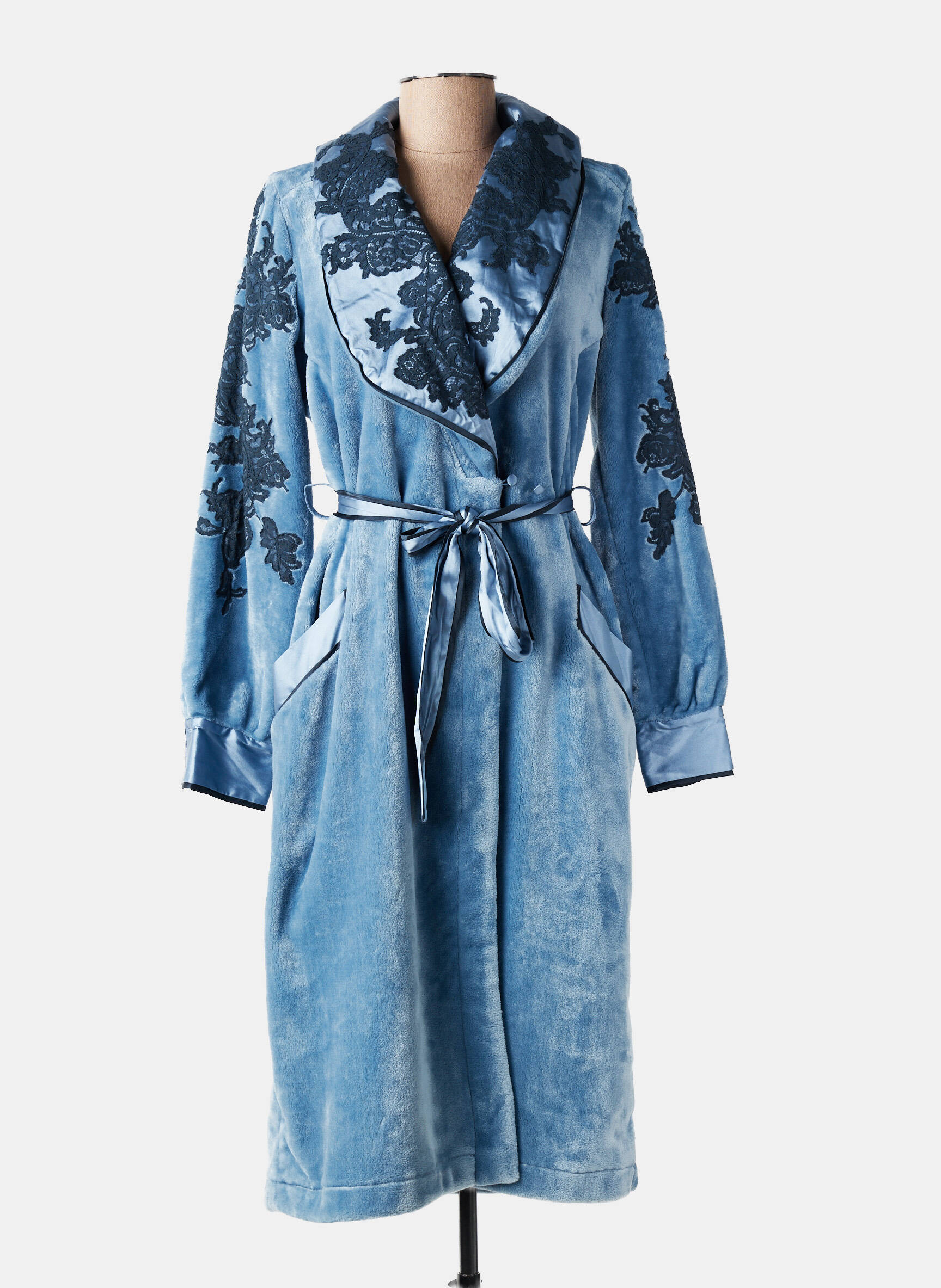 Robe de chambre col cache-coeur bleu MARJOLAINE femme