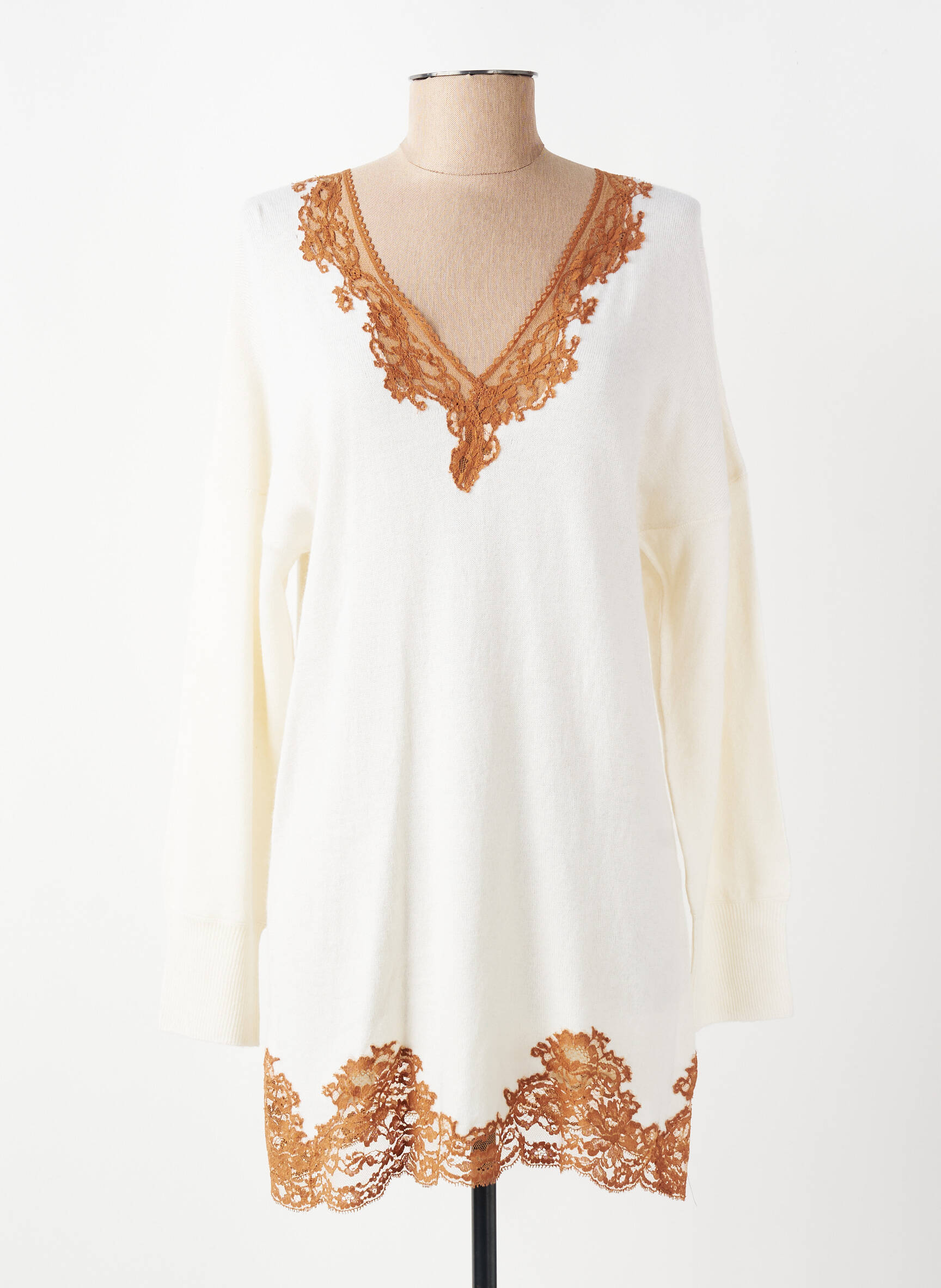 Pull tunique manches longues manches longues beige MARJOLAINE femme
