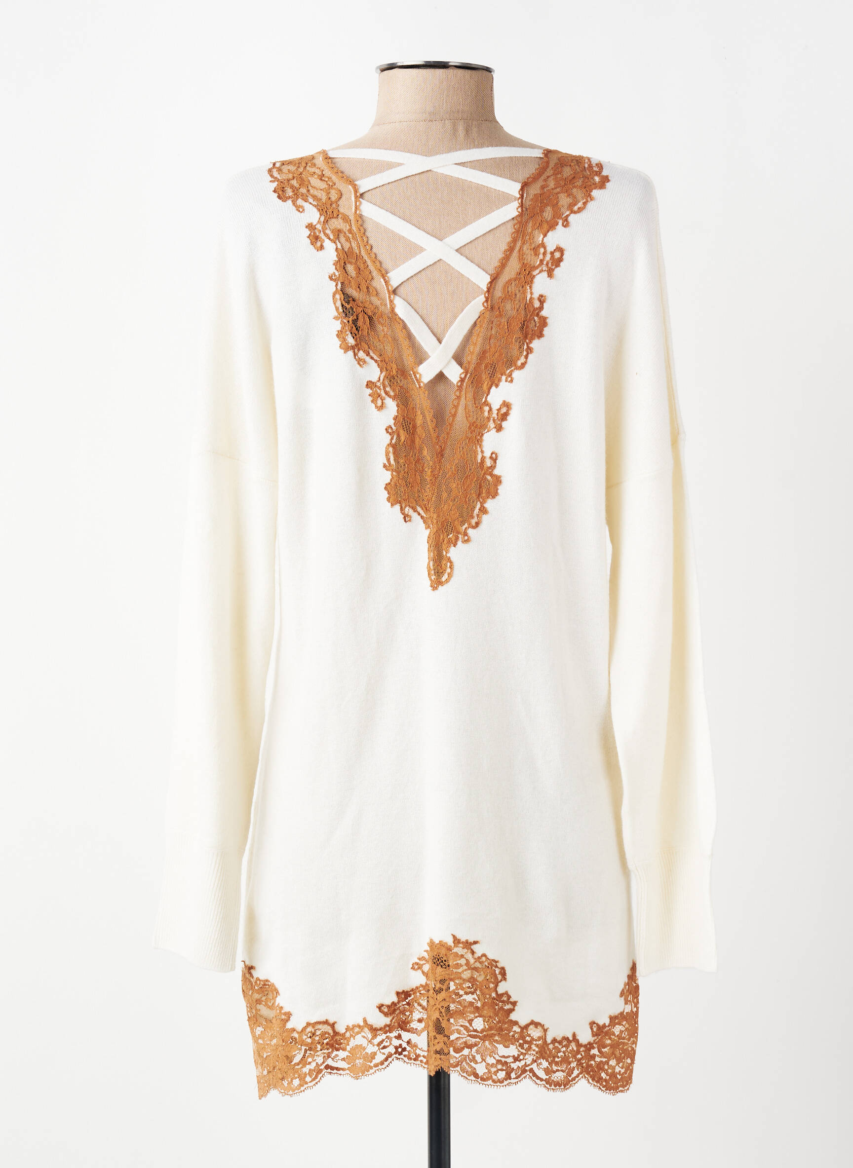 Pull tunique manches longues manches longues beige MARJOLAINE femme