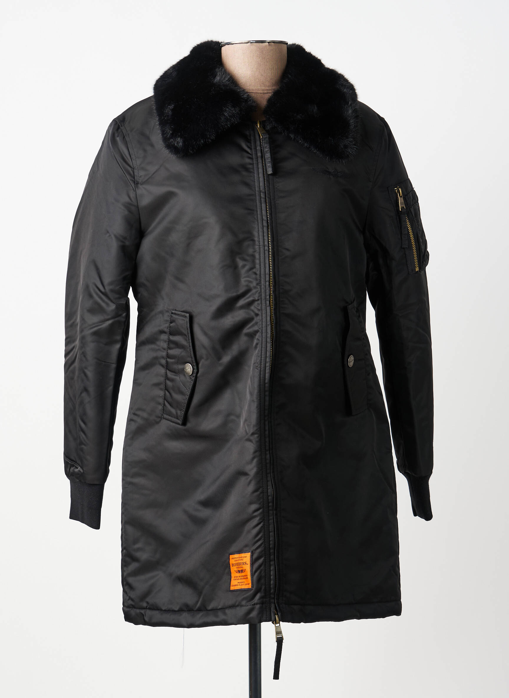 Manteau long coupe droite sans capuche noir BOMBERS femme