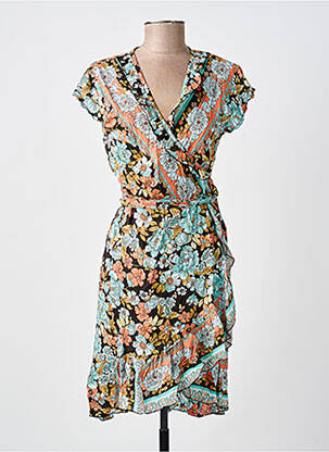 Robe mi-longue imprimé fantaisie manches courtes bleu LARAETHNICS femme