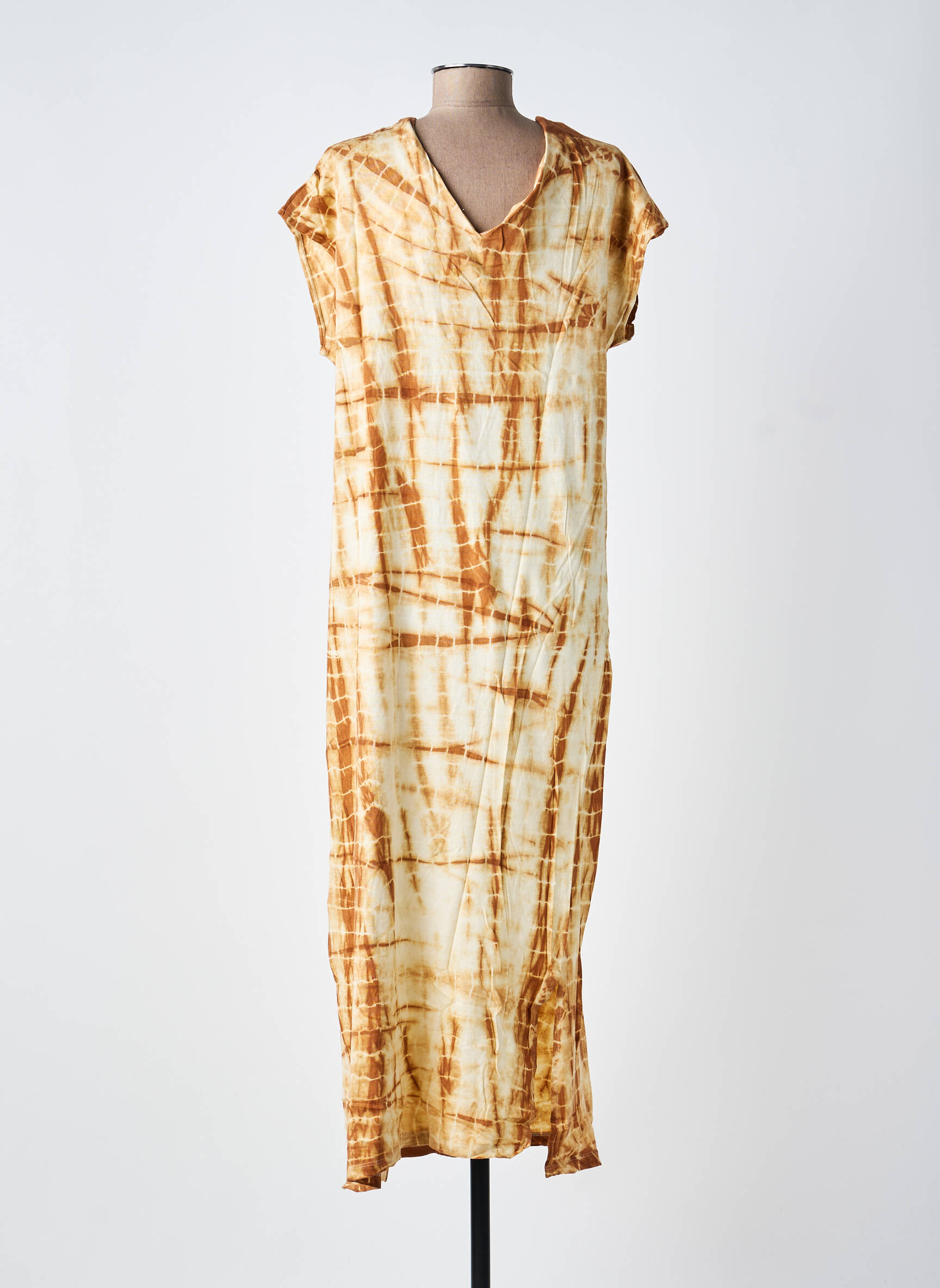 Robe longue imprimé fantaisie manches courtes marron GOLD & SILVER femme