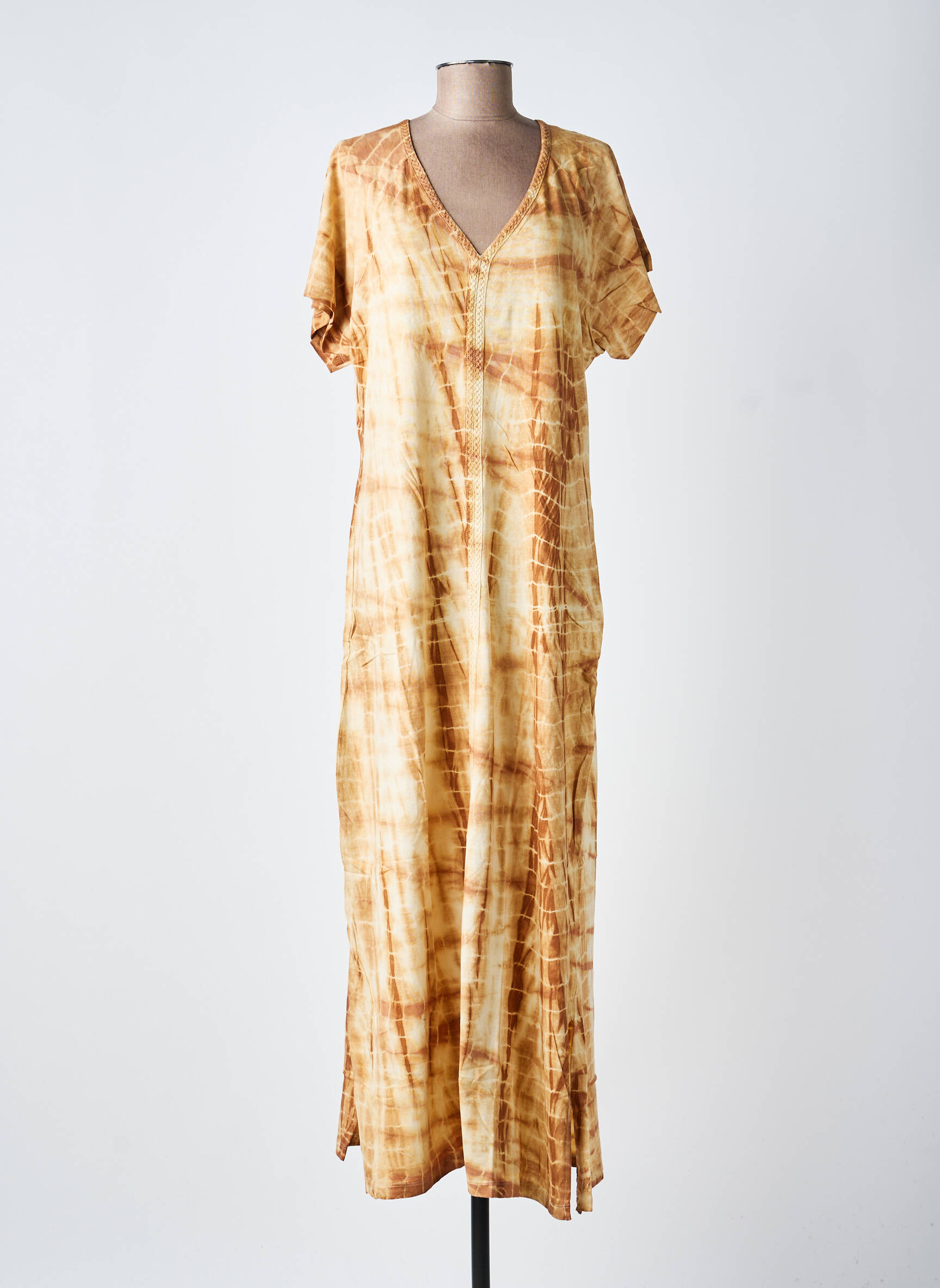 Robe longue imprimé fantaisie manches courtes marron GOLD & SILVER femme