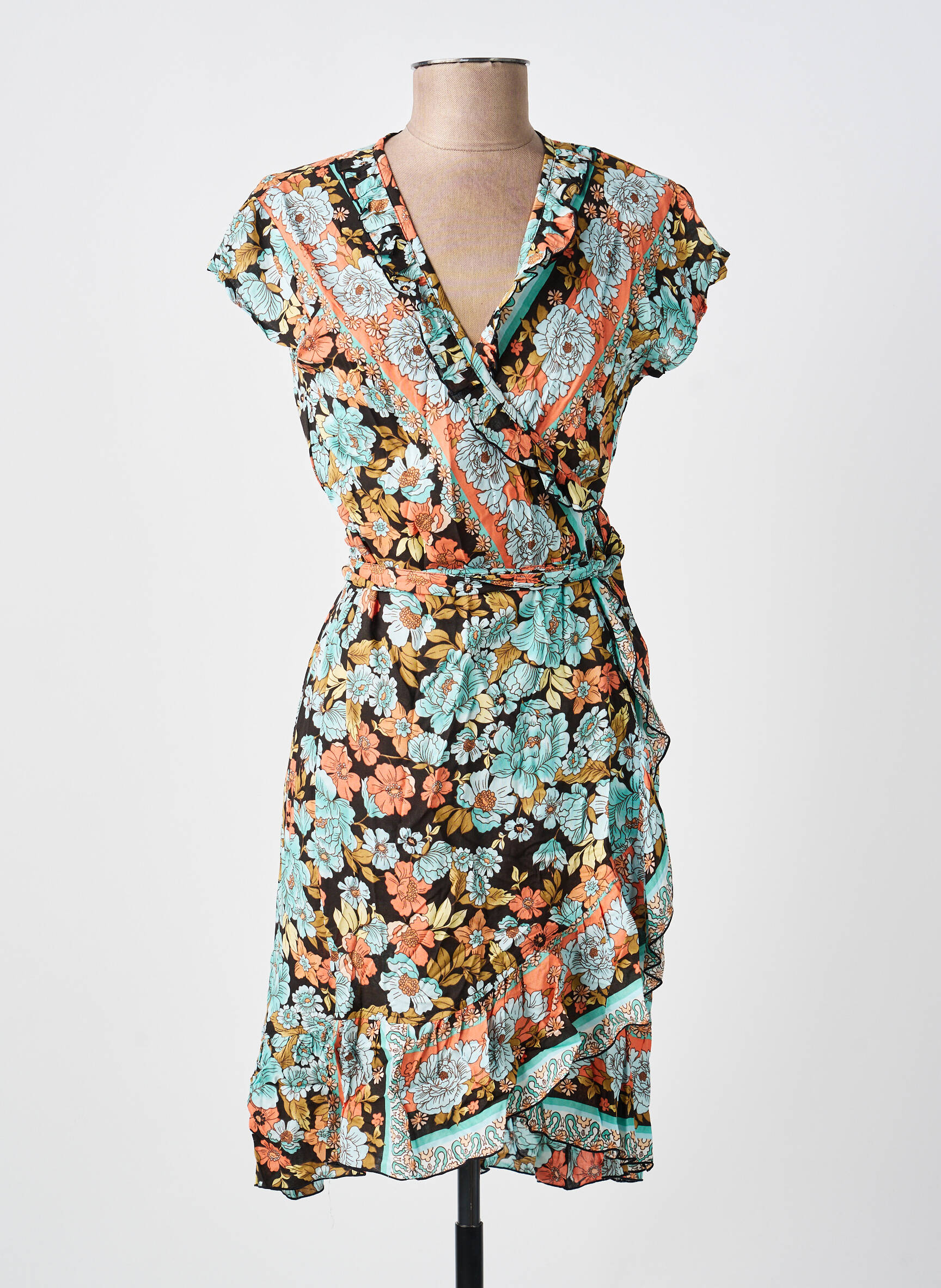 Robe mi-longue imprimé fantaisie manches courtes bleu LARAETHNICS femme