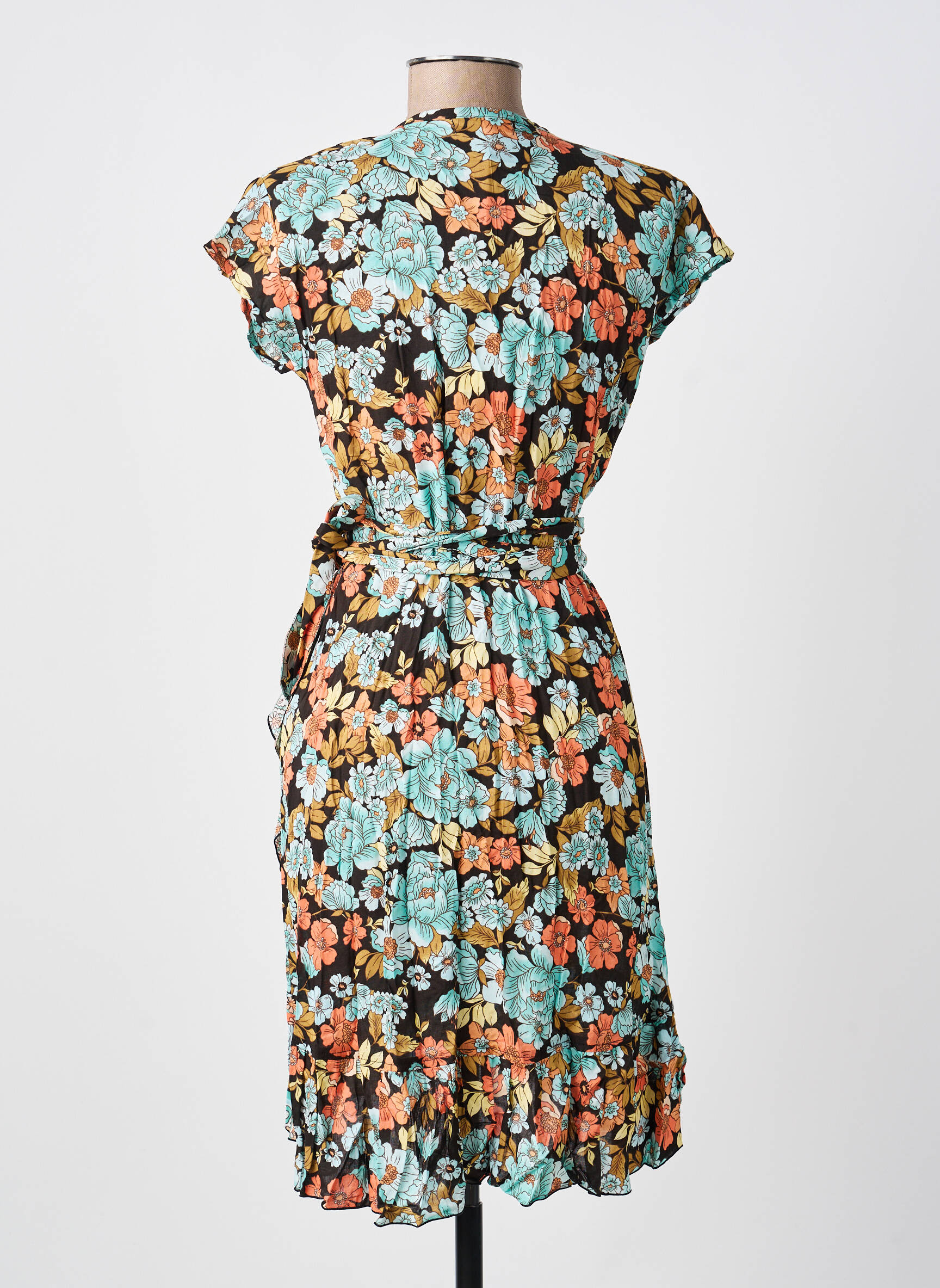 Robe mi-longue imprimé fantaisie manches courtes bleu LARAETHNICS femme