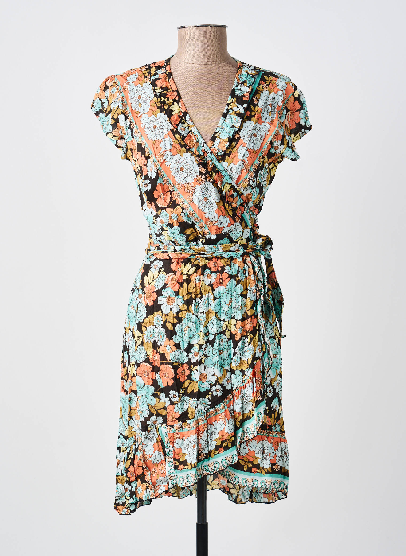 Robe courte imprimé fleurs manches courtes bleu LARAETHNICS femme