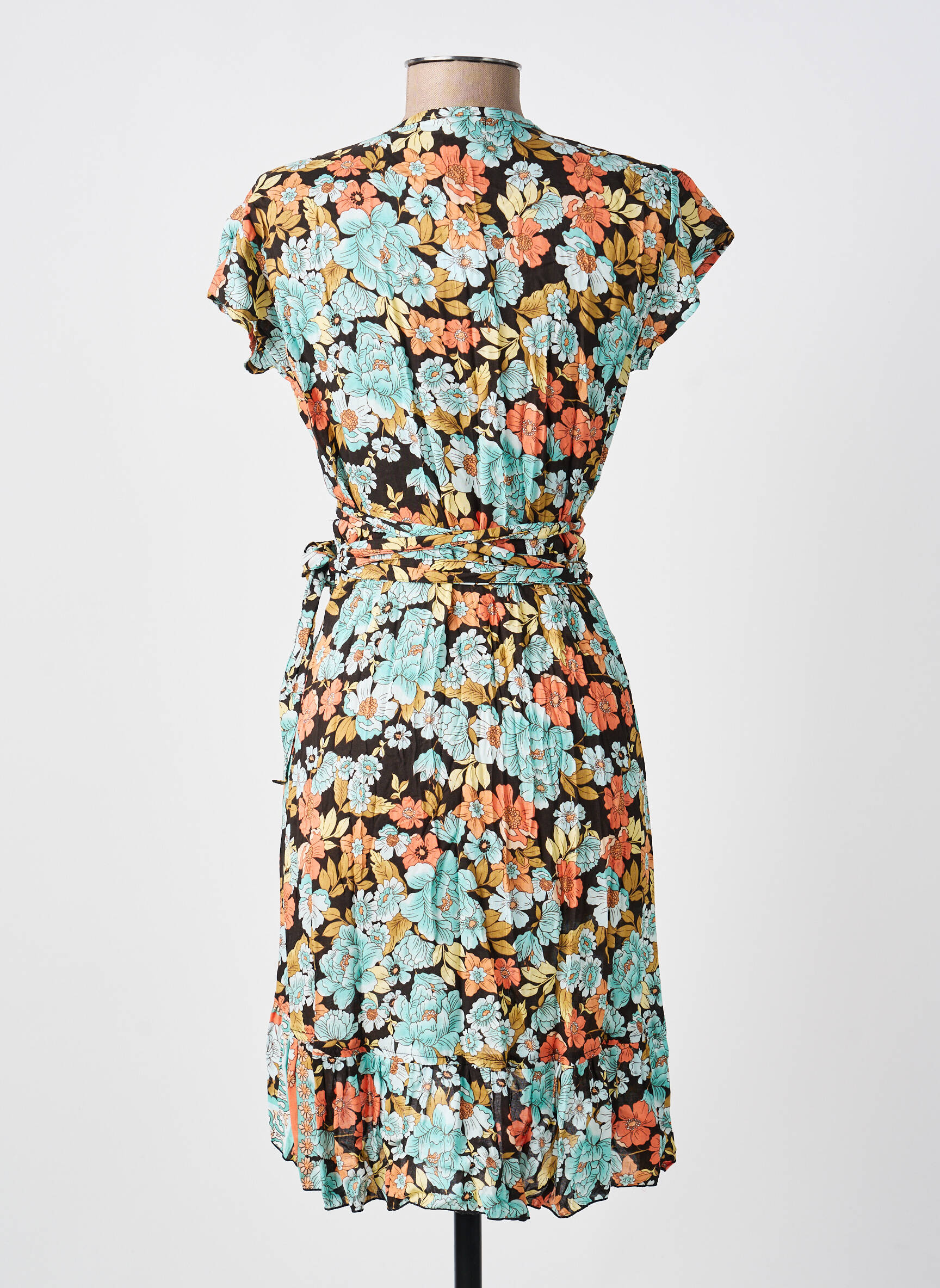 Robe courte imprimé fleurs manches courtes bleu LARAETHNICS femme