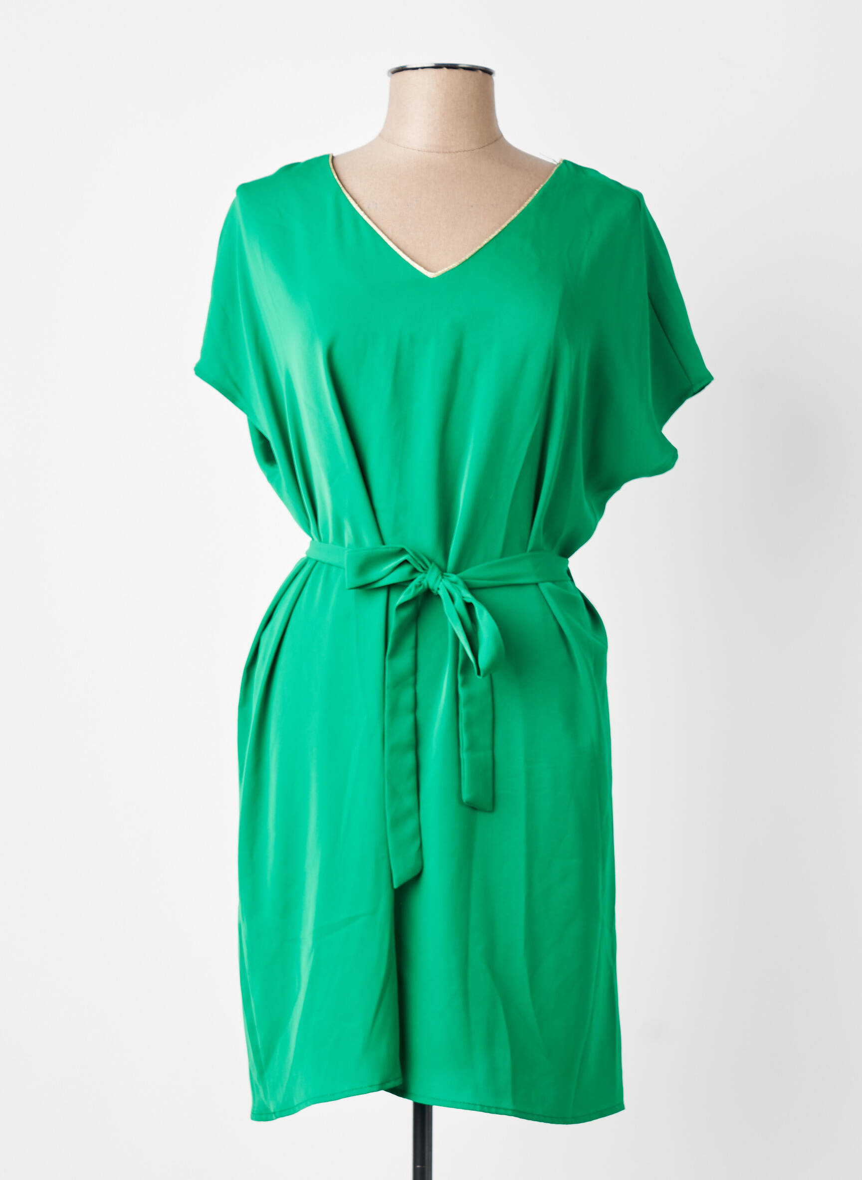 Robe mi-longue tissage crêpe manches courtes vert EMMA ELLA femme