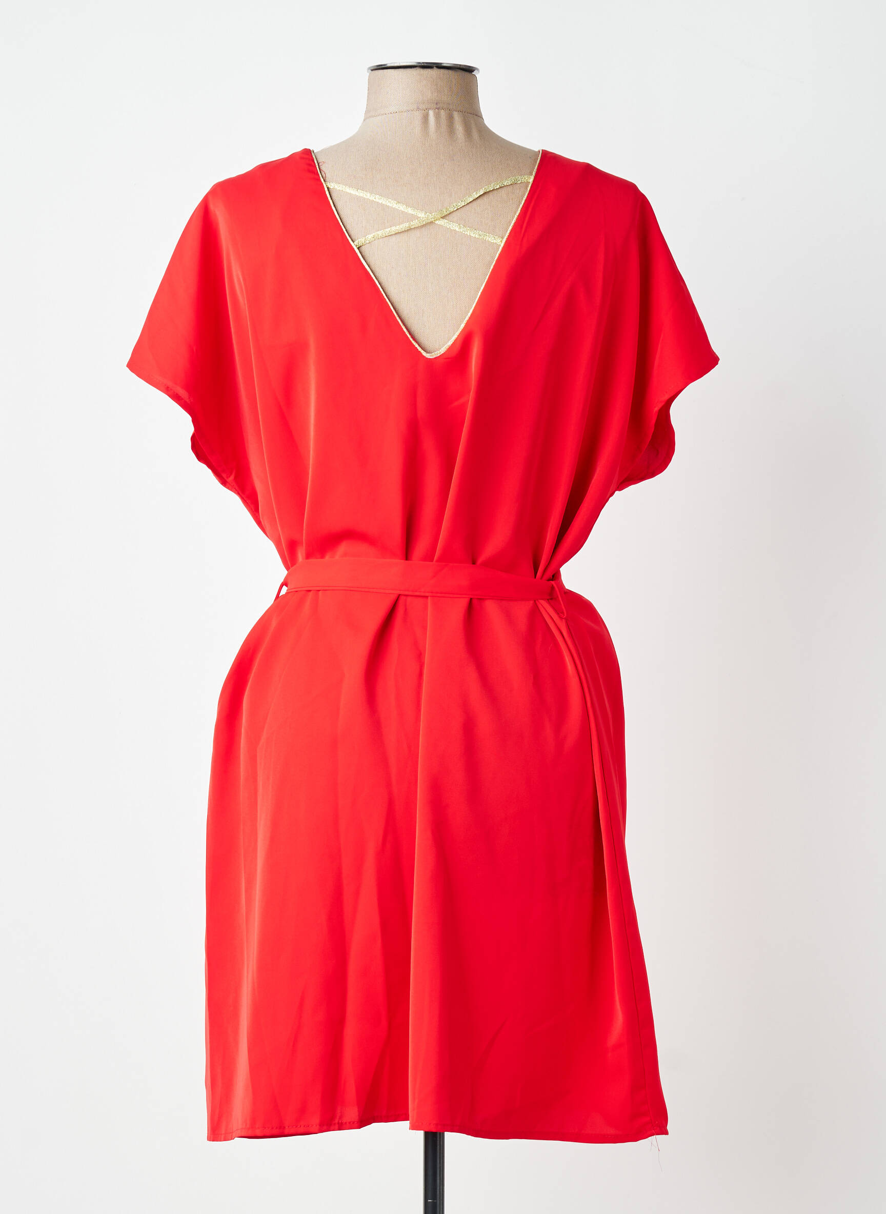 Robe mi-longue tissage crêpe manches courtes rouge EMMA ELLA femme