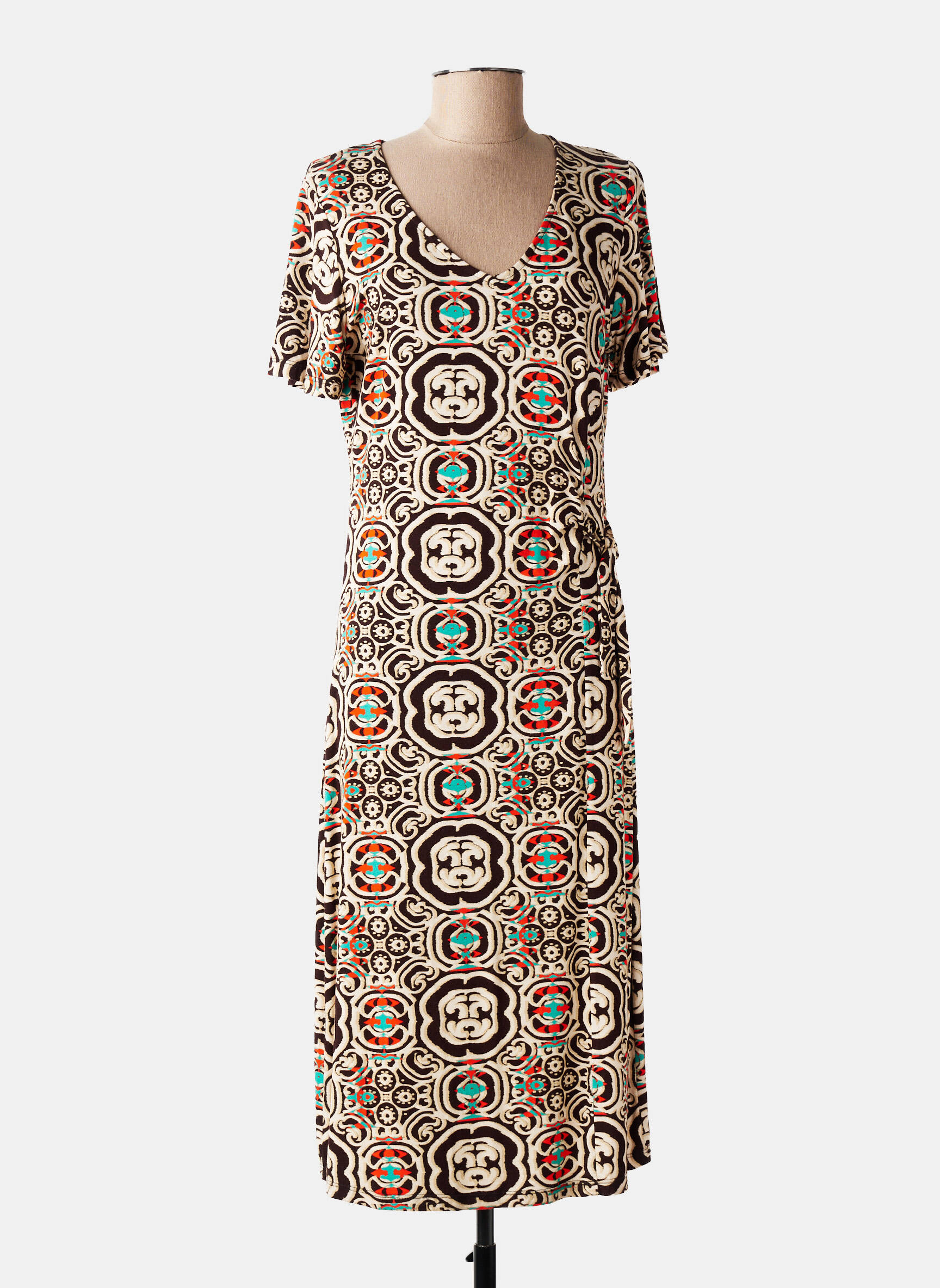 Robe mi-longue imprimé fantaisie manches courtes beige AZAY femme