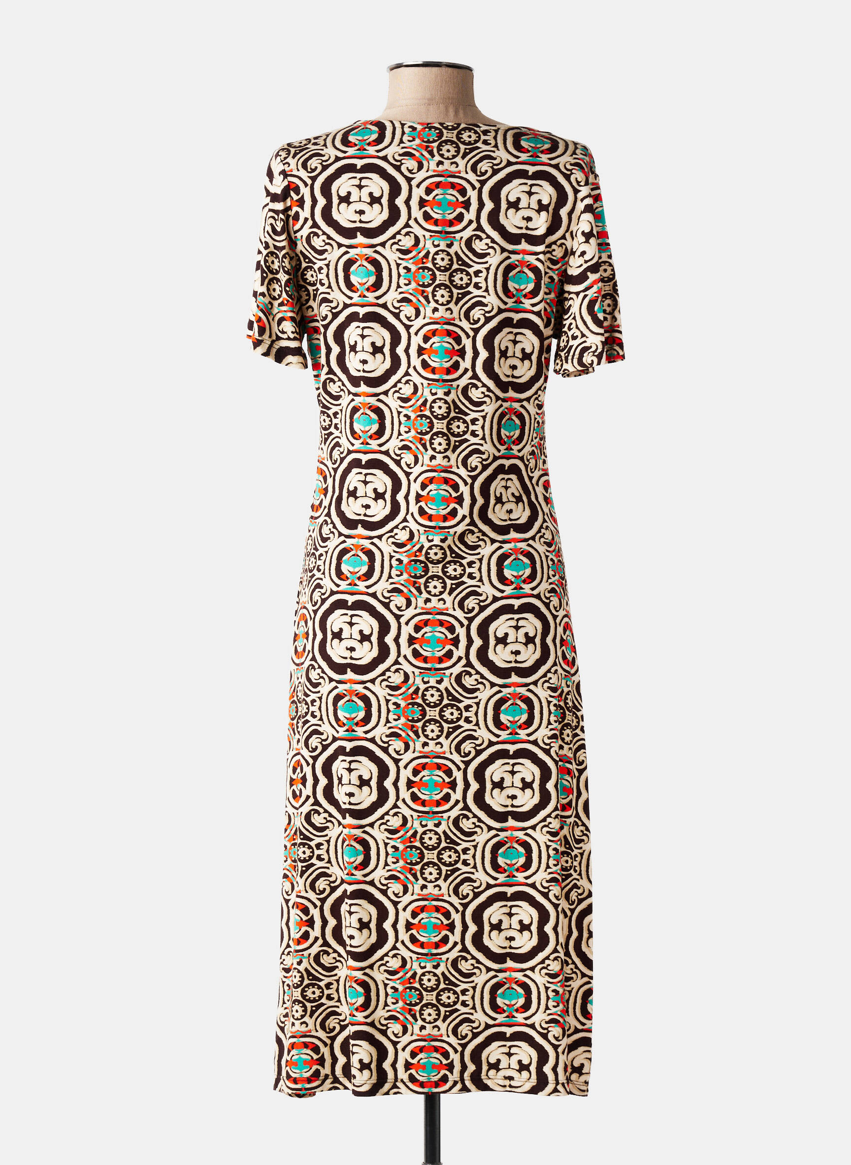Robe mi-longue imprimé fantaisie manches courtes beige AZAY femme