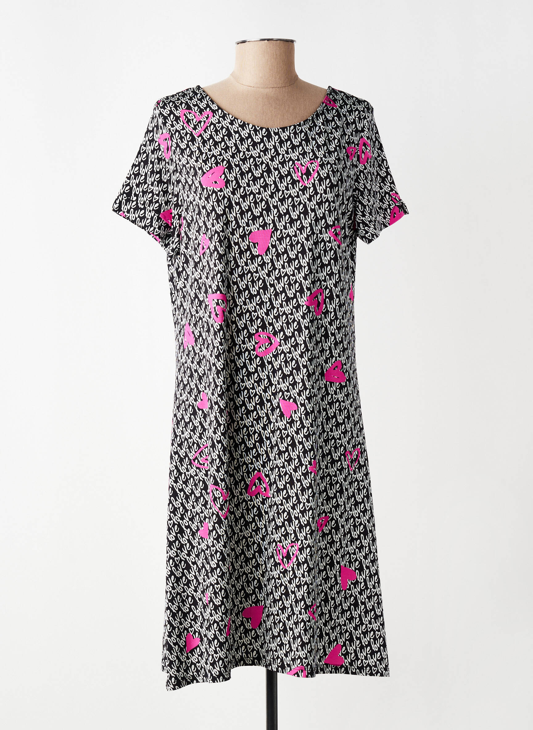 Robe mi-longue imprimé fantaisie manches courtes noir AZAY femme