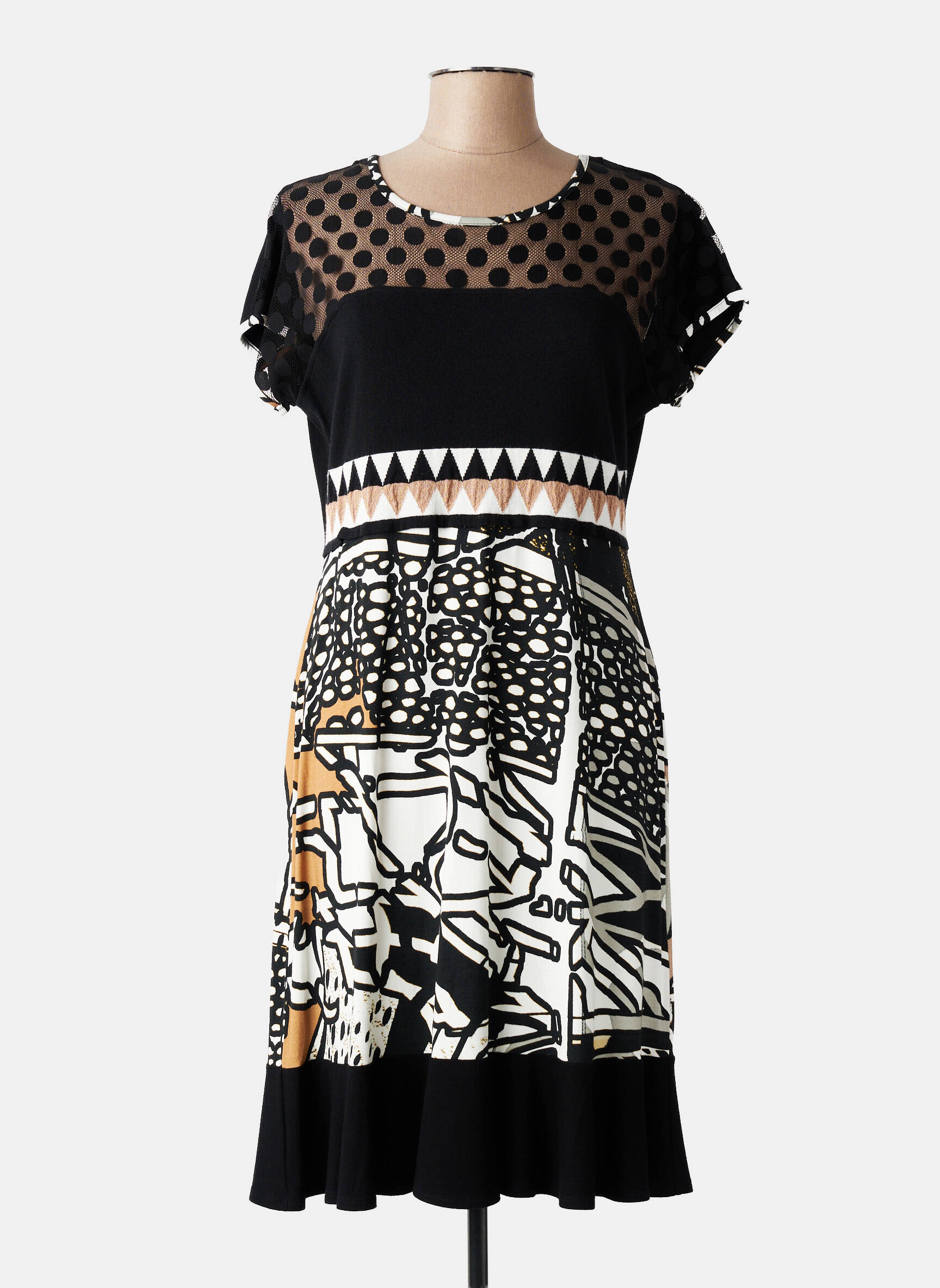 Robe mi-longue imprimé fantaisie manches courtes noir OLIVIER PHILIPS femme