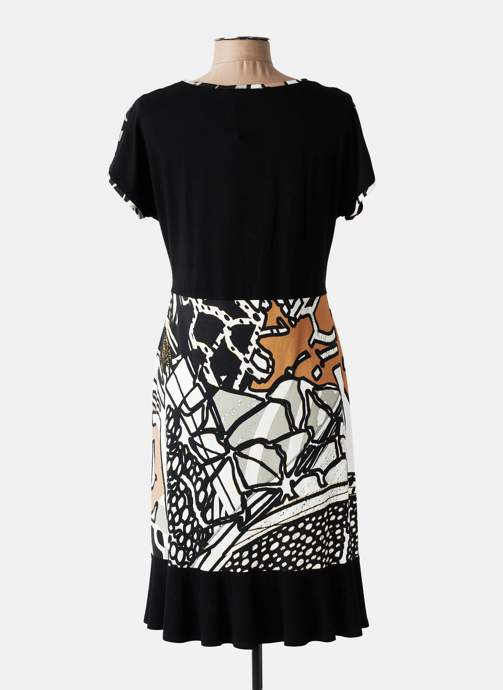 Robe mi-longue imprimé fantaisie manches courtes noir OLIVIER PHILIPS femme