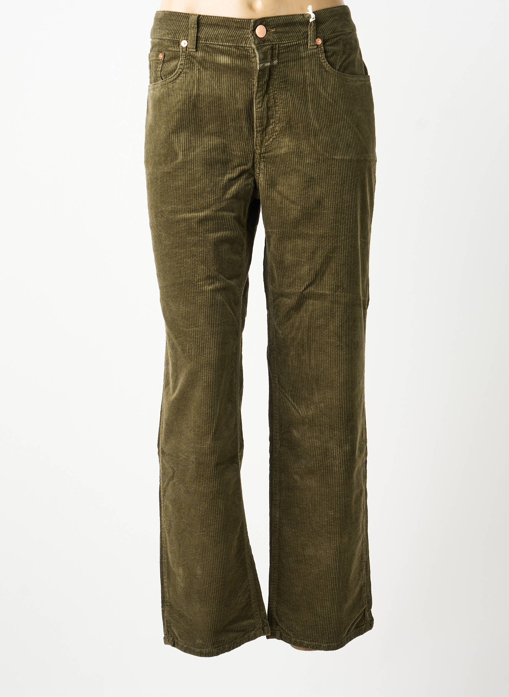 Pantalon droit fermeture zippée sous rabat boutonné taille normale vert CLOSED femme