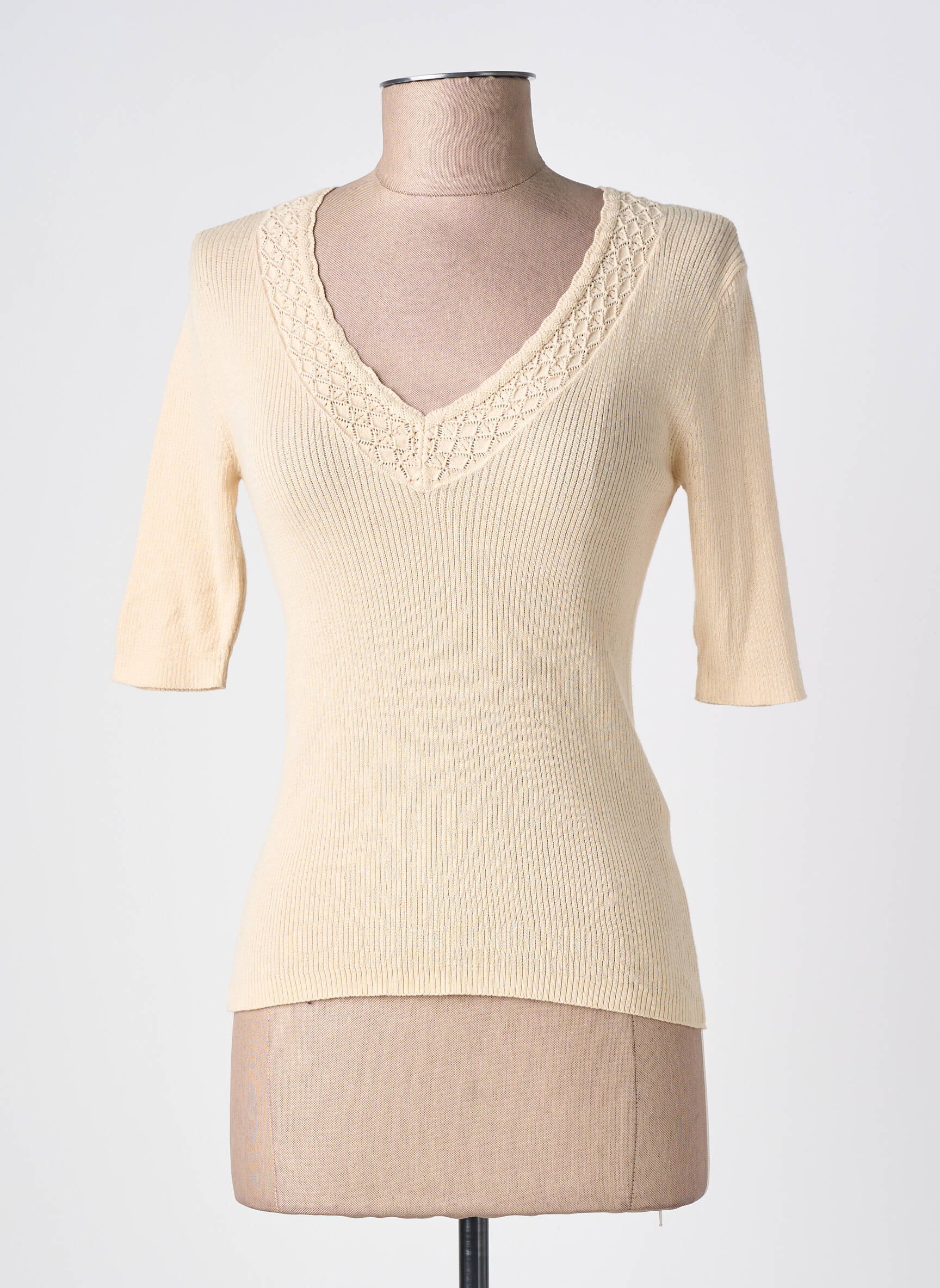 T-shirt col v manches courtes beige OBJECT femme