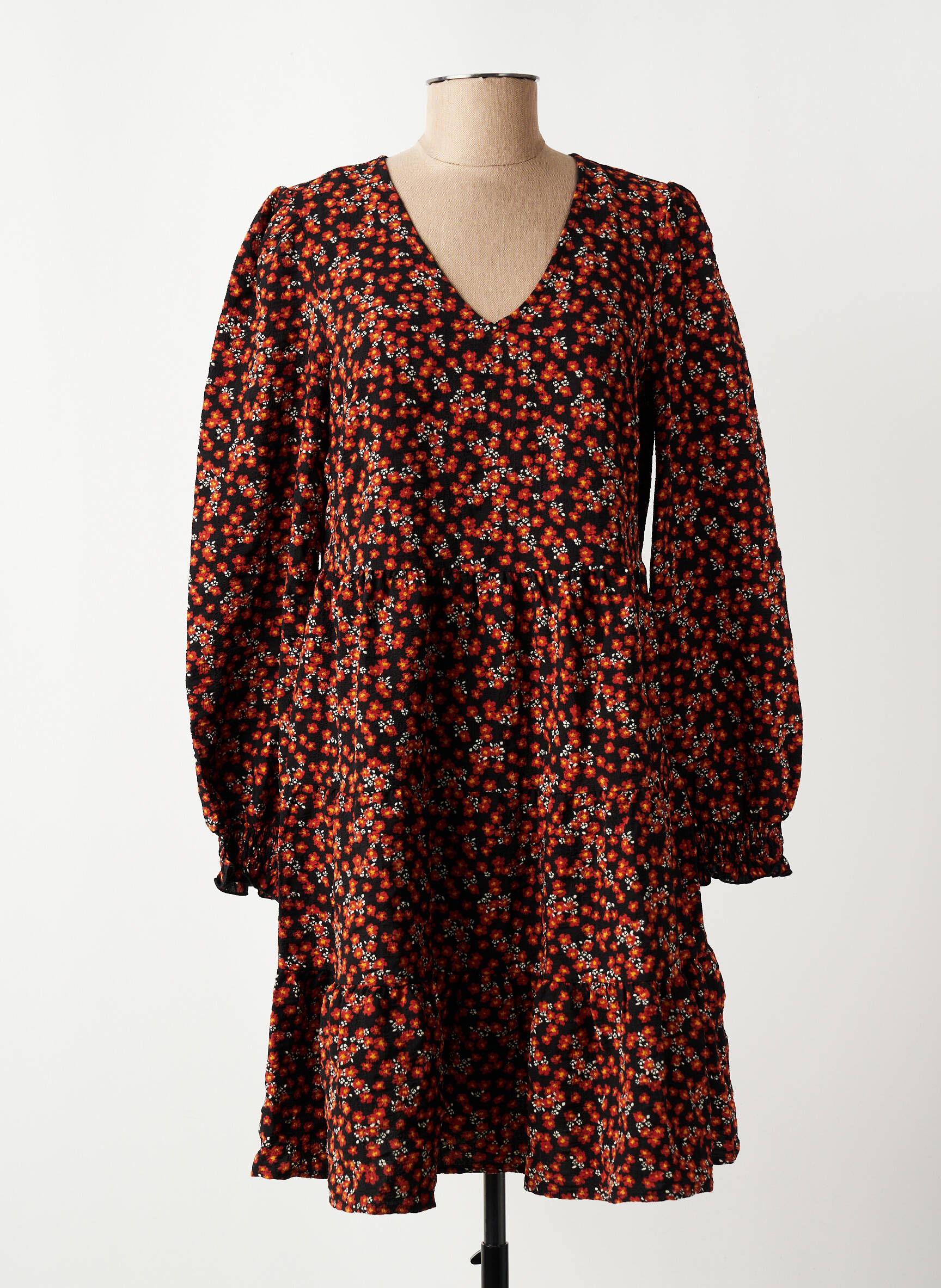 Robe mi-longue imprimé fleurs manches longues orange VERO MODA femme