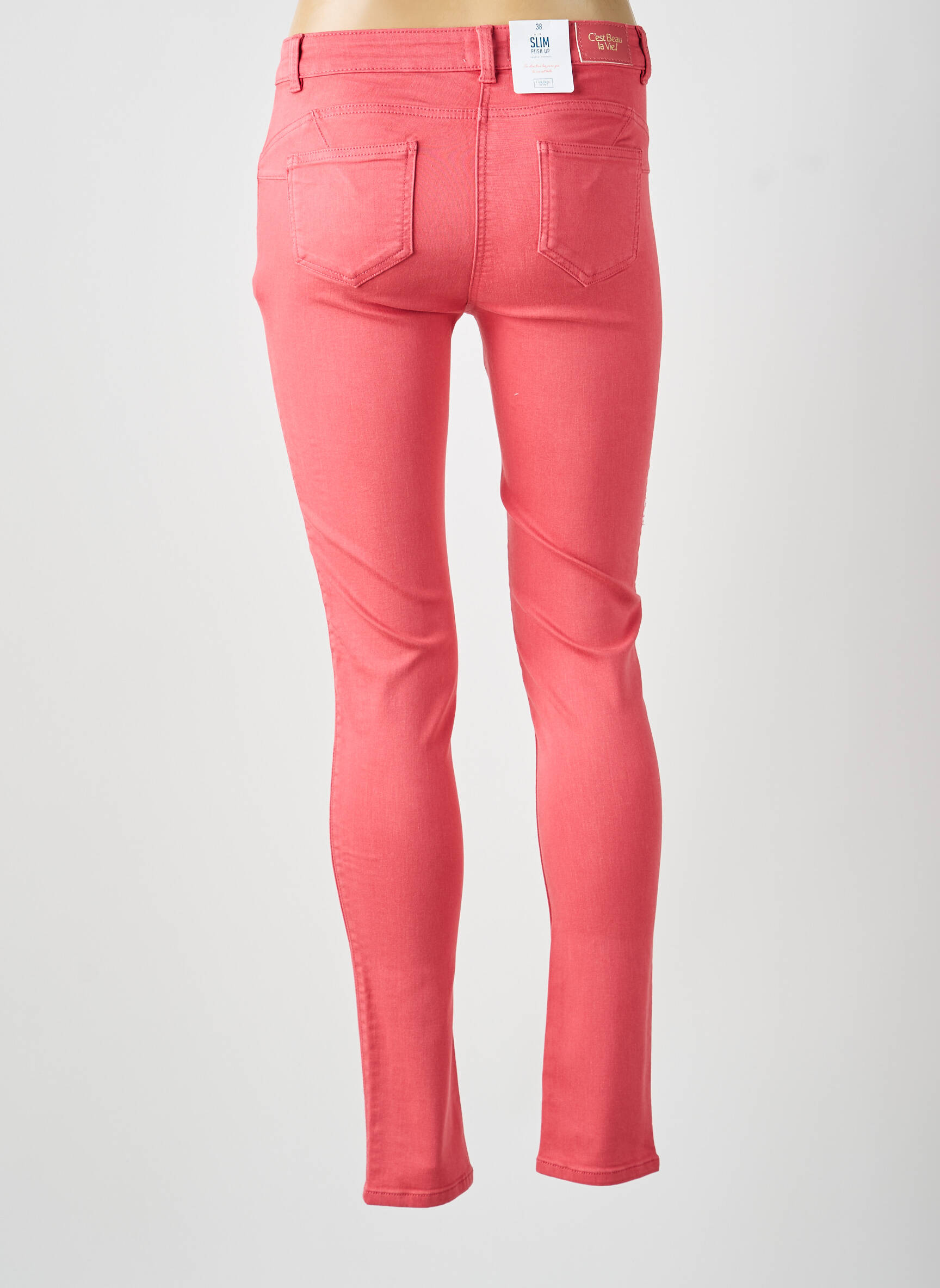 Jeans coupe slim stretch taille normale rose C'EST BEAU LA VIE femme