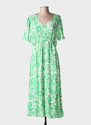 Robe mi-longue imprimé fantaisie manches courtes vert ICHI femme