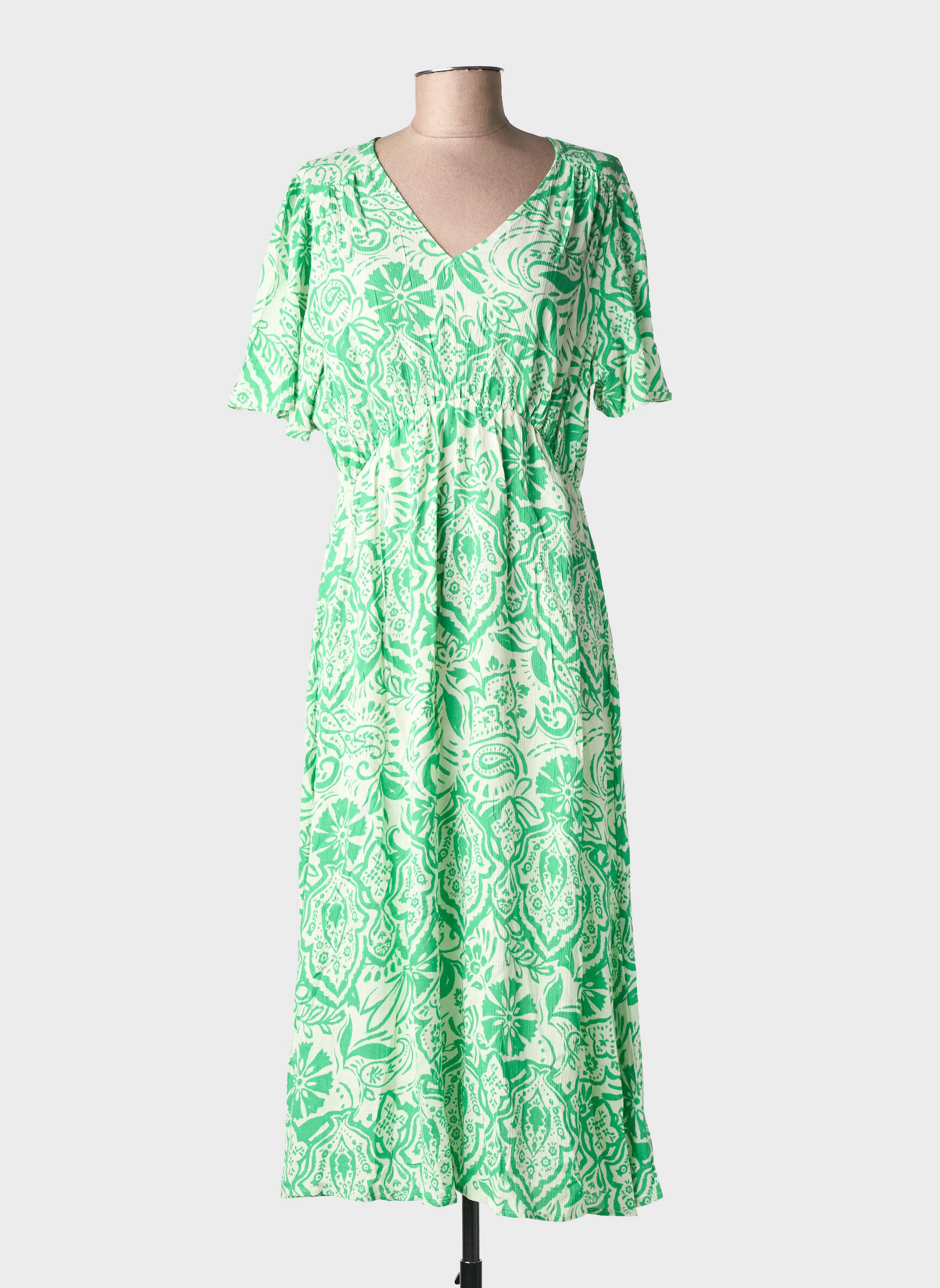 Robe mi-longue imprimé fantaisie manches courtes vert ICHI femme