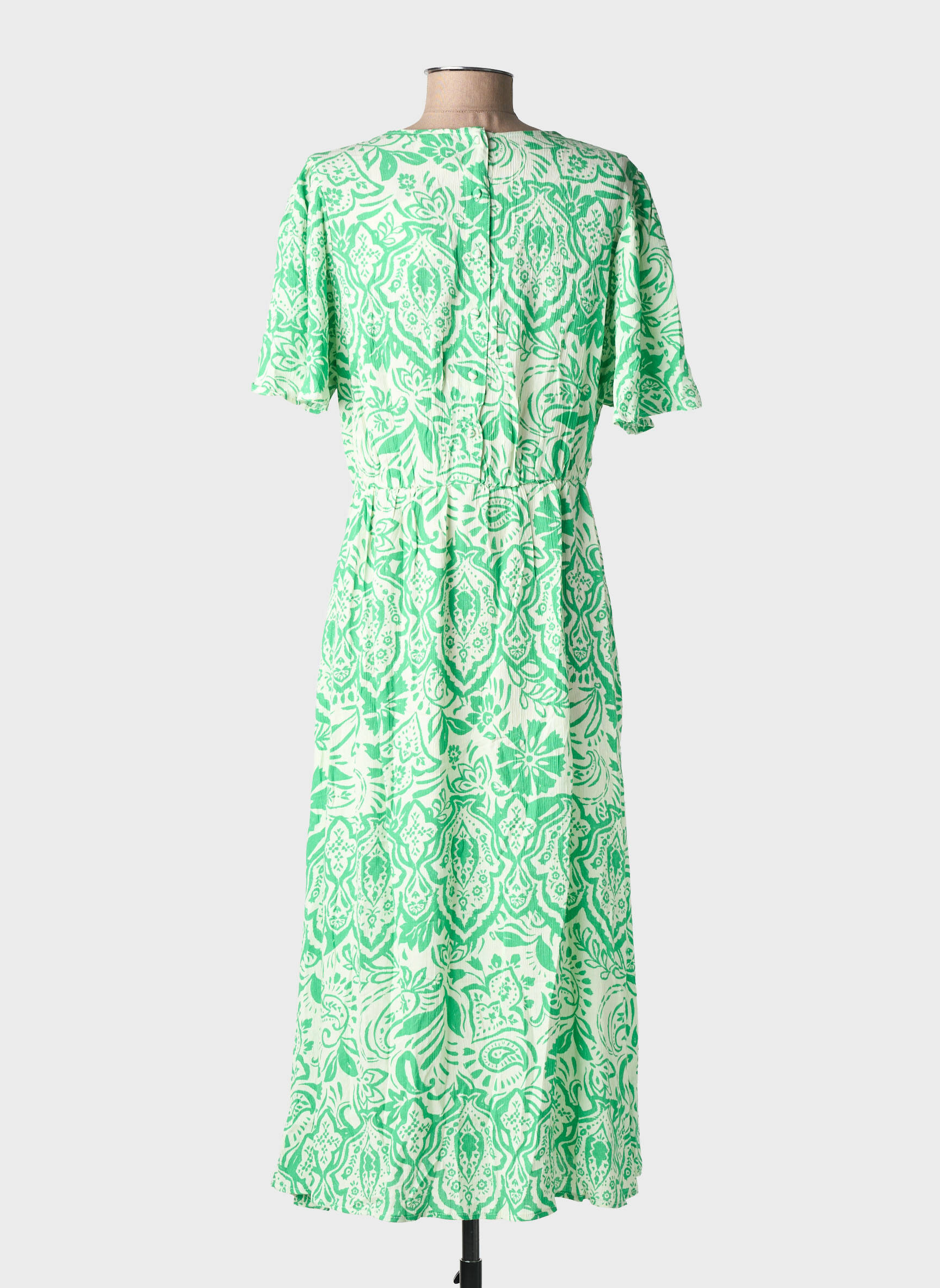 Robe mi-longue imprimé fantaisie manches courtes vert ICHI femme