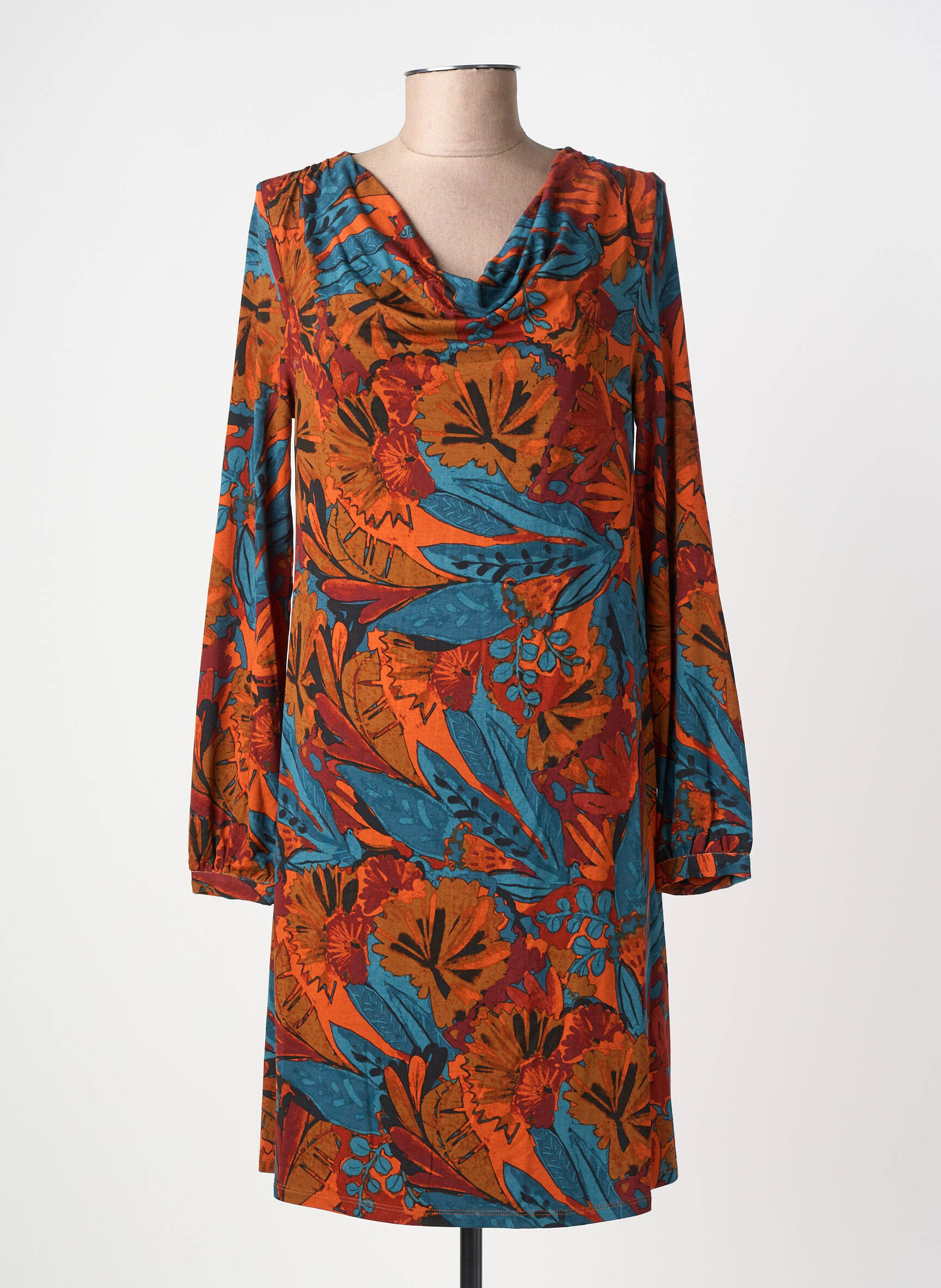 Robe mi-longue imprimé fantaisie manches longues orange SURKANA femme