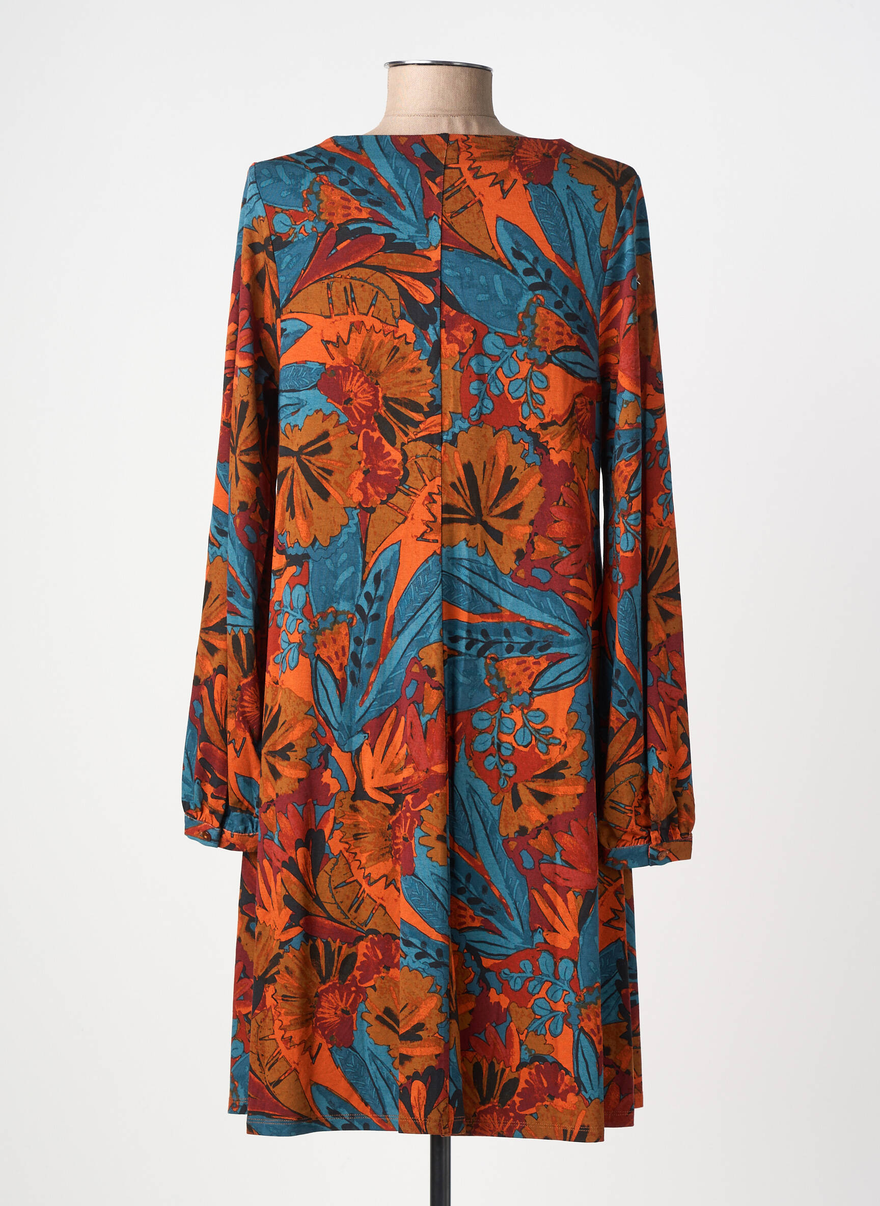 Robe mi-longue imprimé fantaisie manches longues orange SURKANA femme