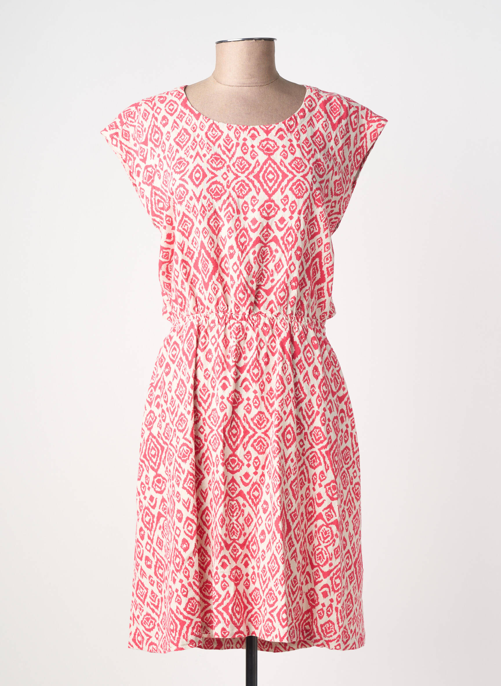 Robe mi-longue imprimé fantaisie manches courtes rose ICHI femme