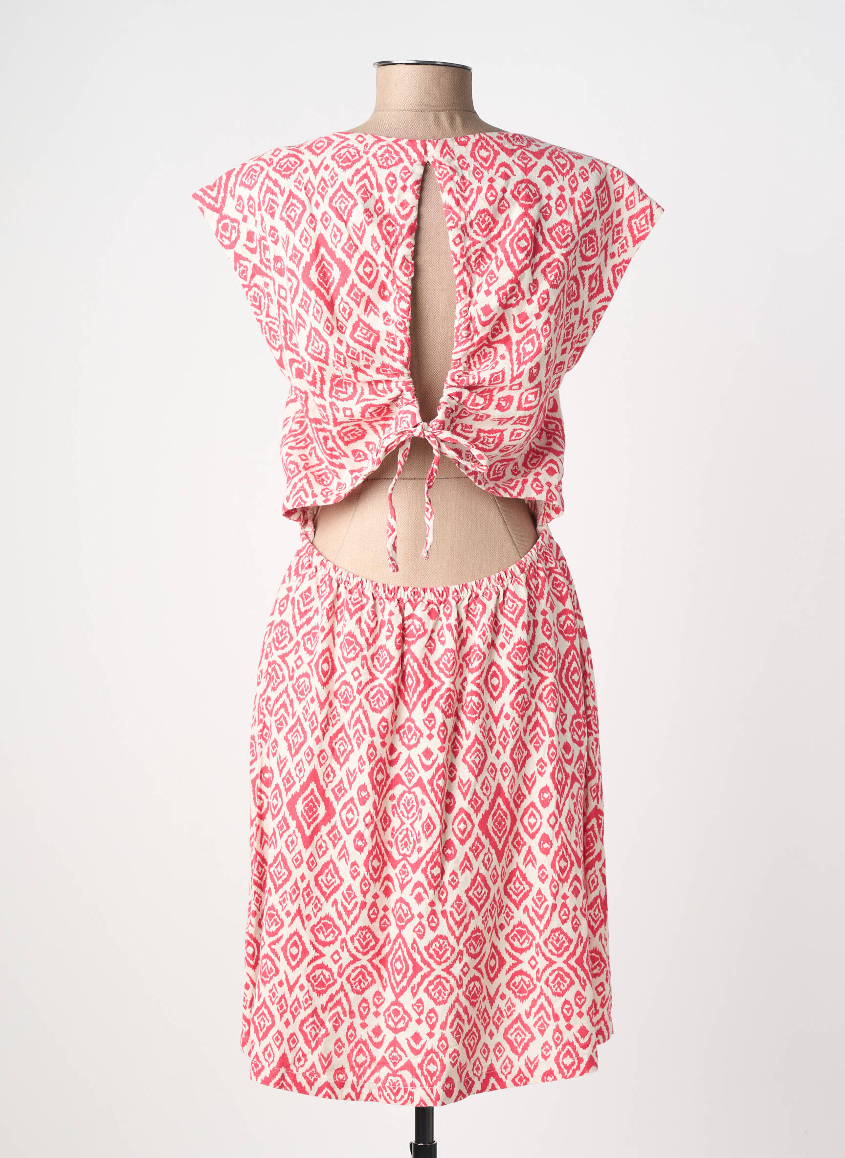 Robe mi-longue imprimé fantaisie manches courtes rose ICHI femme