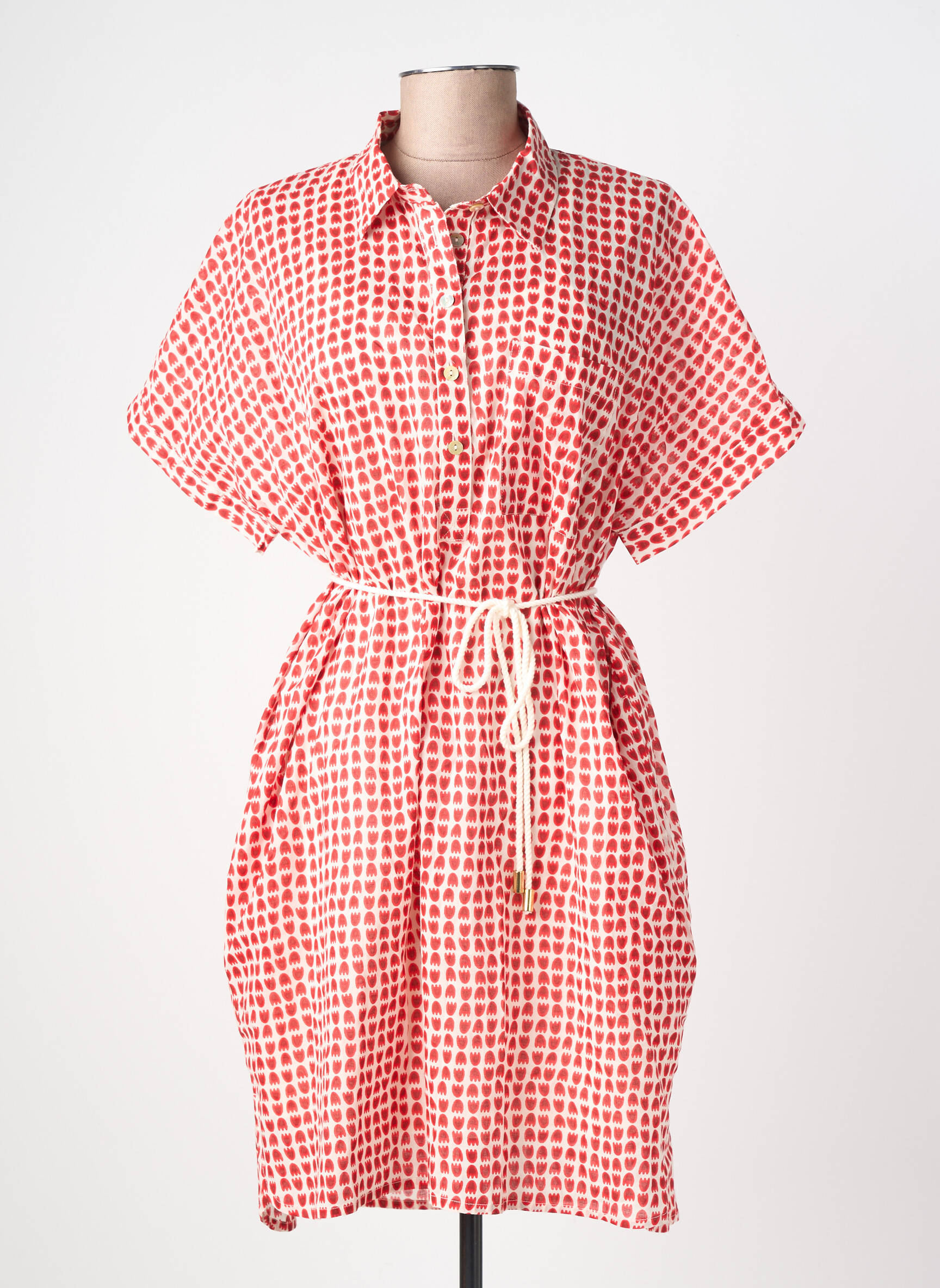 Robe mi-longue imprimé fantaisie manches courtes rouge ICHI femme