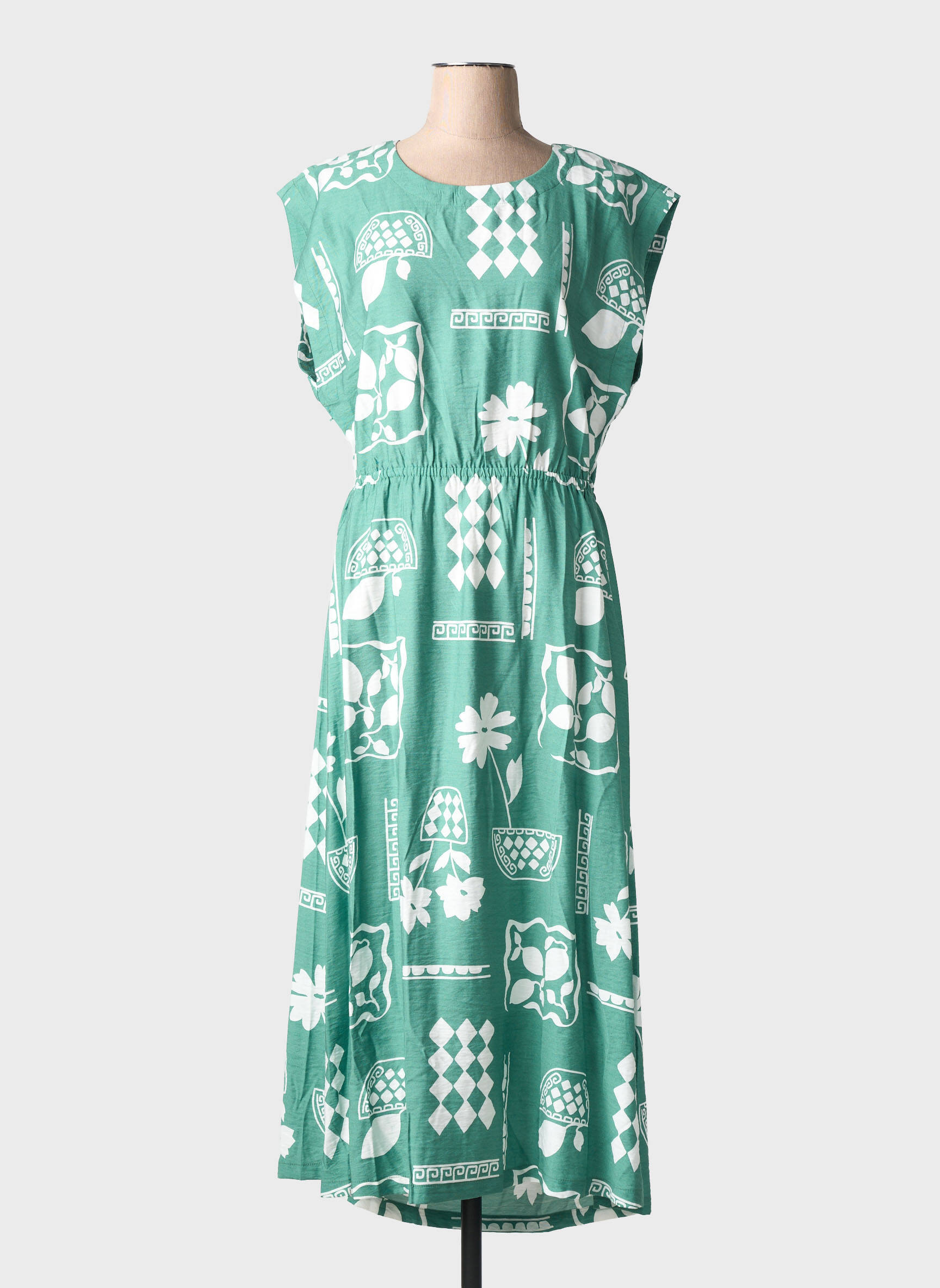 Robe longue imprimé fantaisie manches courtes vert ICHI femme
