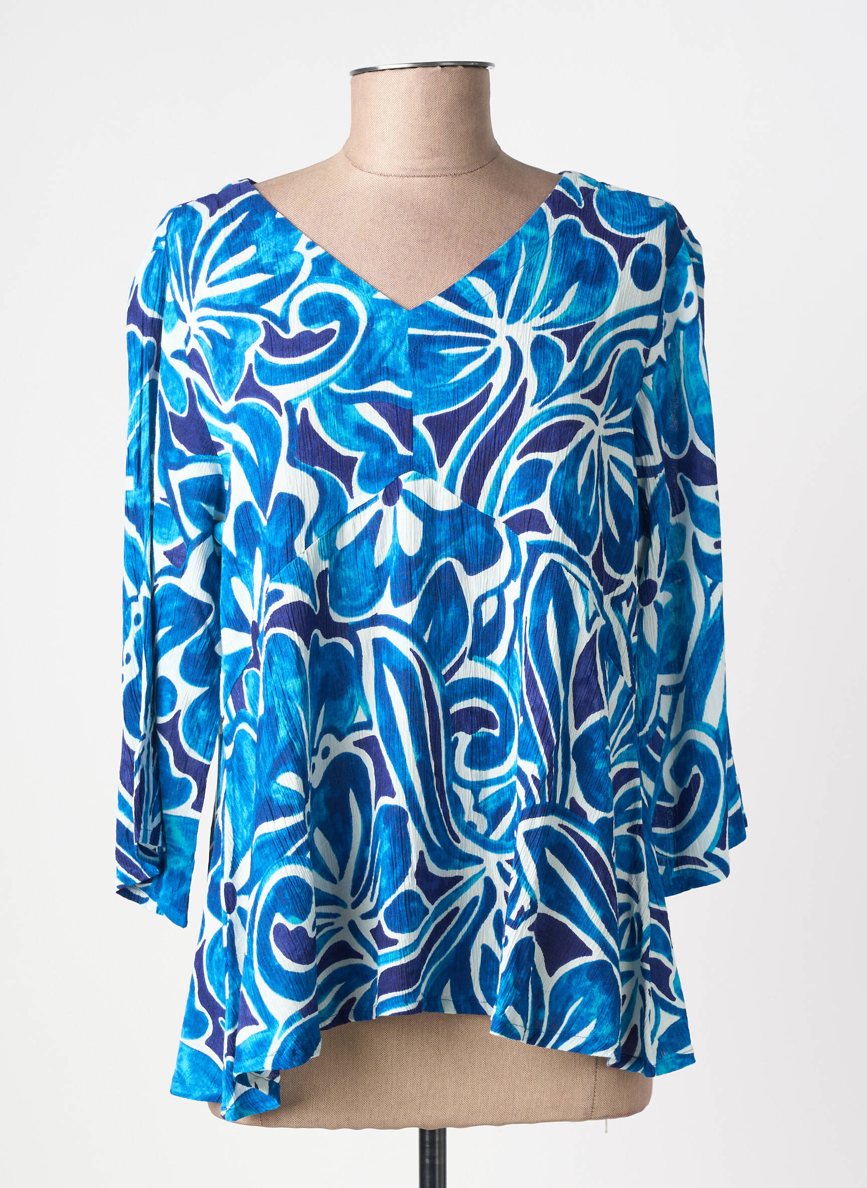 Top tissage crêpe manches 3/4 bleu L'ATELIER D'ANNA femme