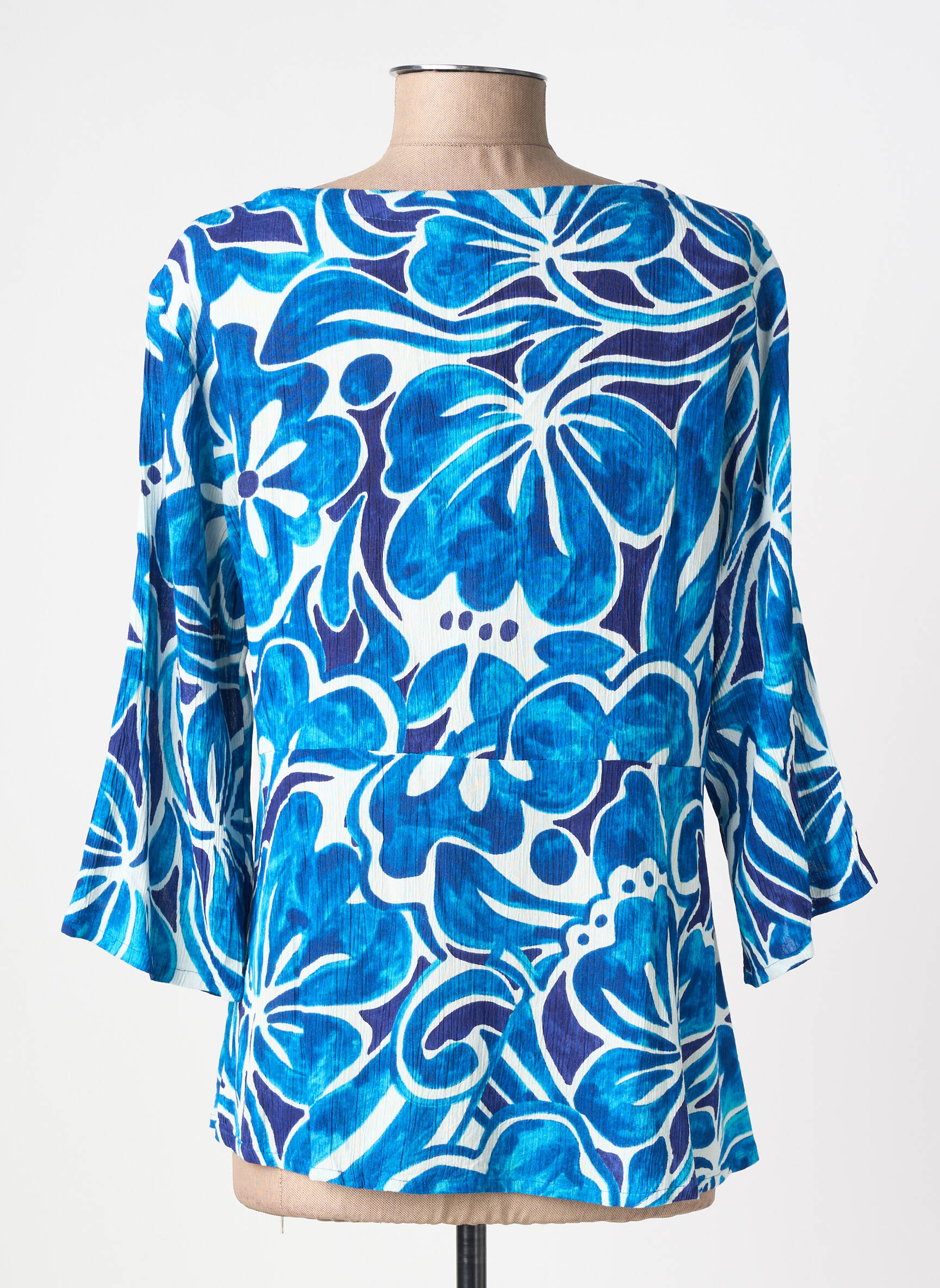Top tissage crêpe manches 3/4 bleu L'ATELIER D'ANNA femme