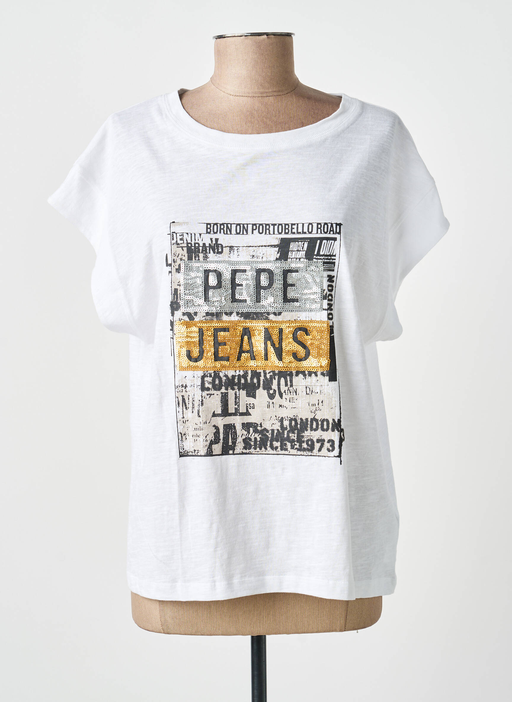 T-shirt sérigraphie avec strass manches courtes blanc PEPE JEANS femme