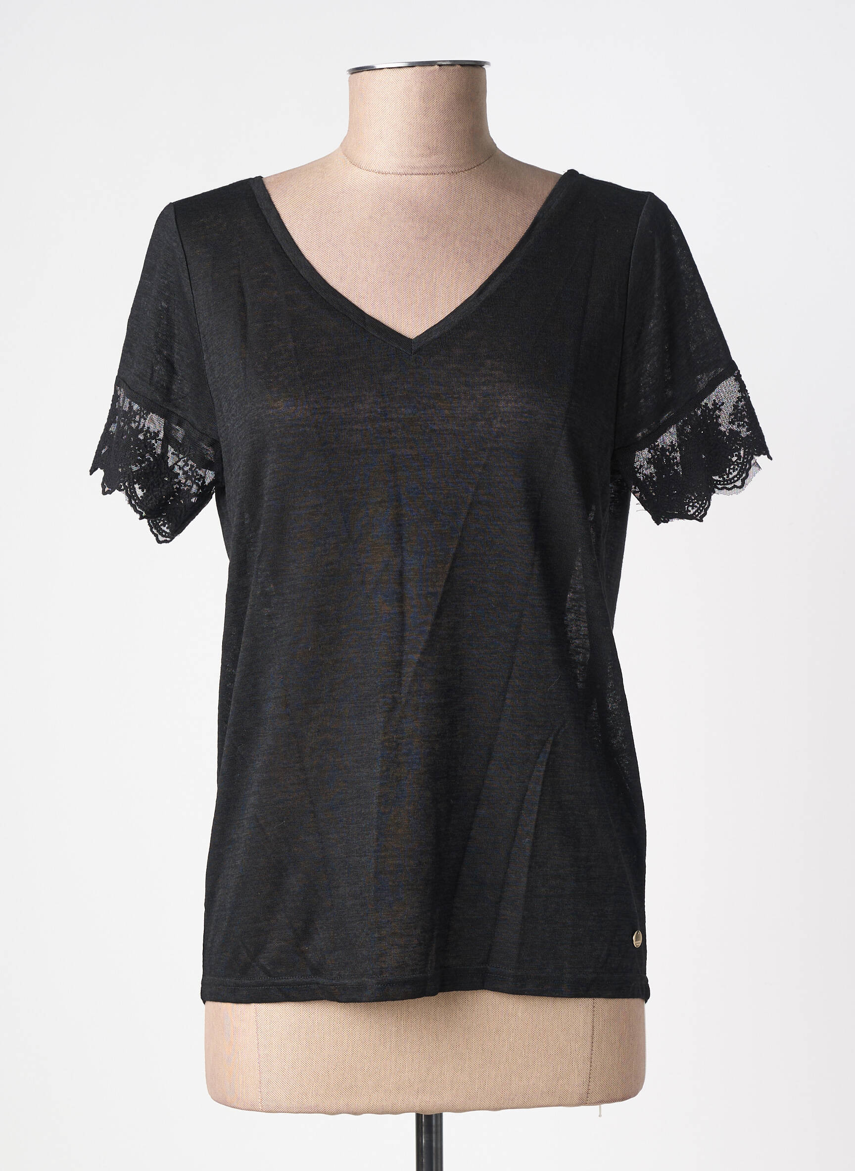 T-shirt col v manches courtes noir DEELUXE femme