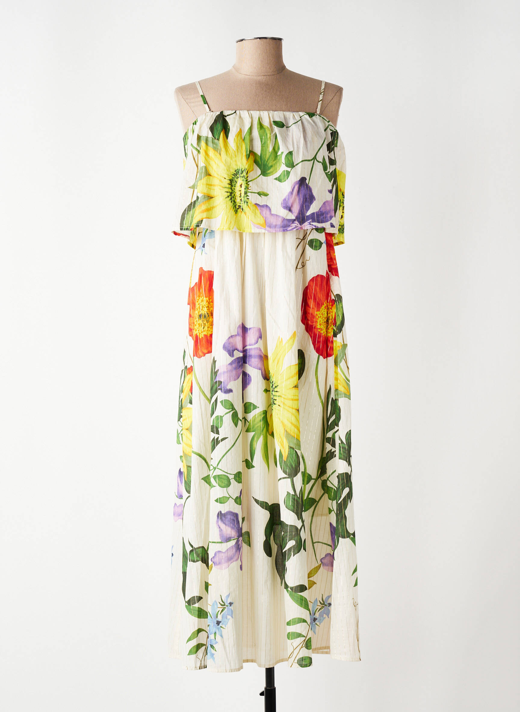 Robe longue imprimé fleurs fines bretelles beige NUMPH femme