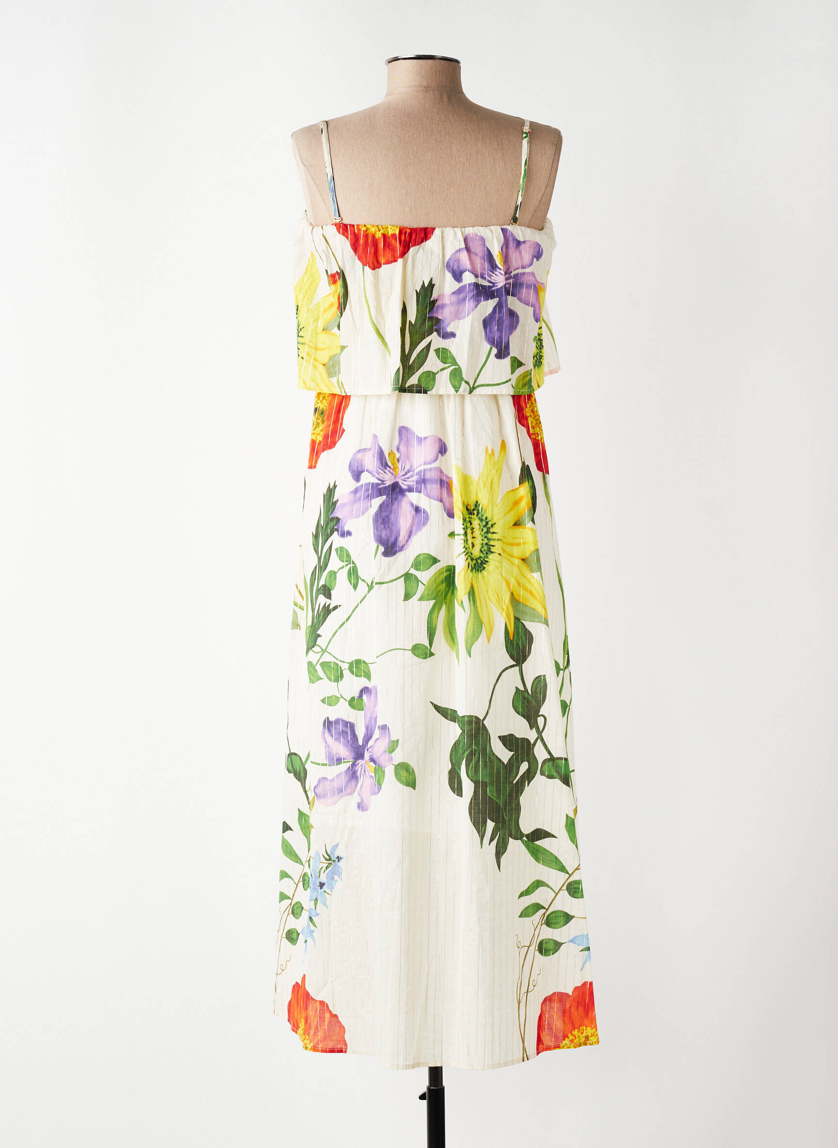 Robe longue imprimé fleurs fines bretelles beige NUMPH femme