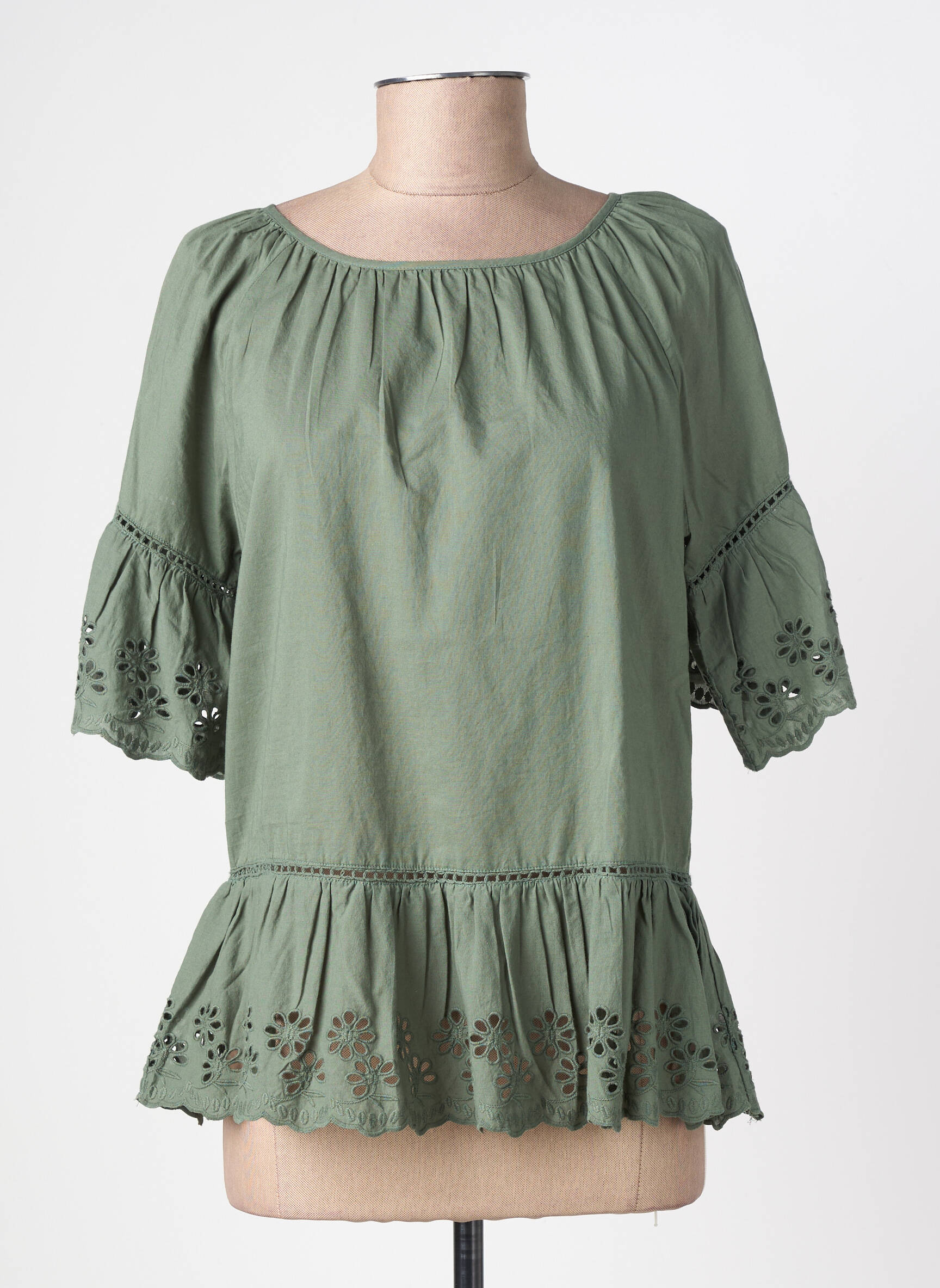 Blouse tissage popeline manches 3/4 vert TIFFOSI femme