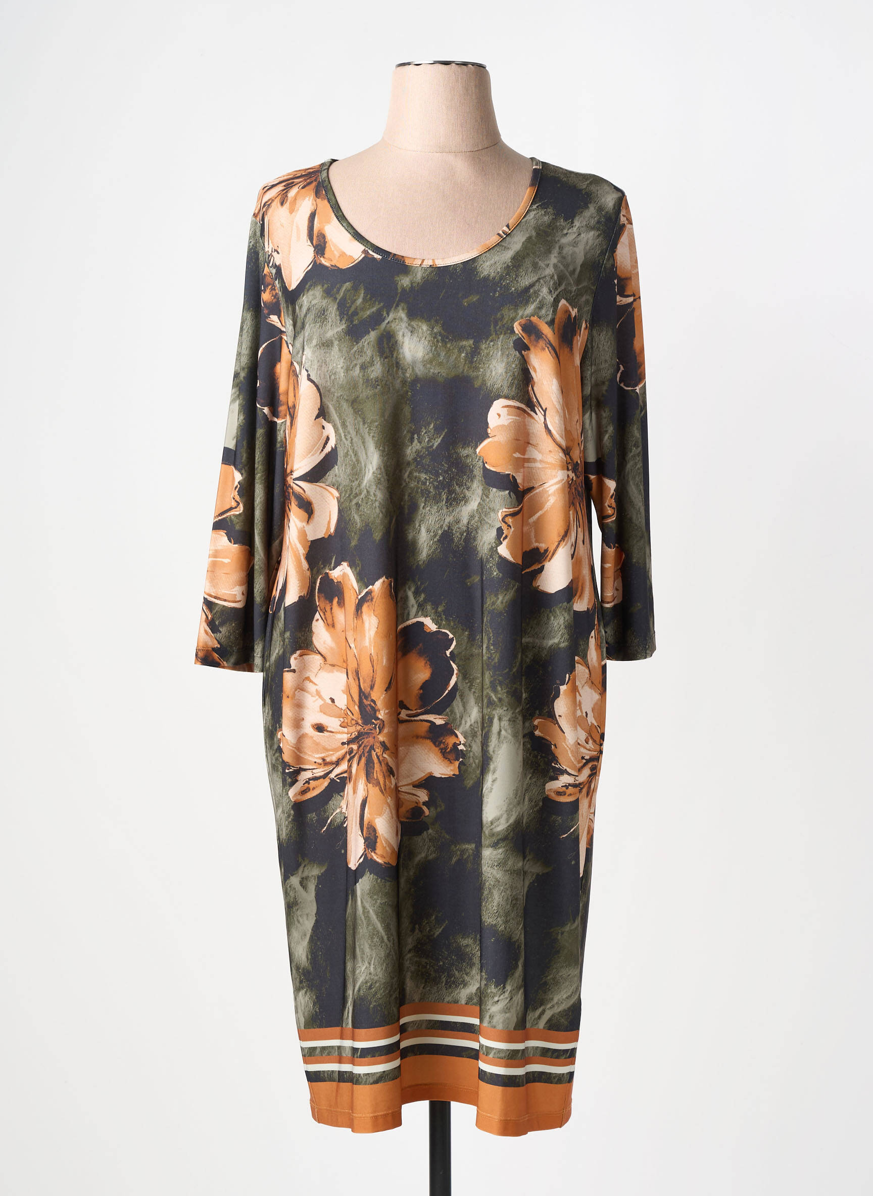 Robe mi-longue imprimé fleurs manches 3/4 vert YOEK femme